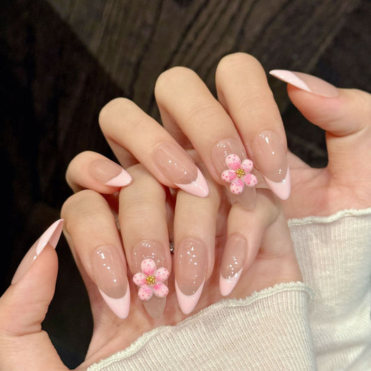 365nails: "Sakura Blush" – 3D Floral French Tip Handmade Almond Nails – Image 2