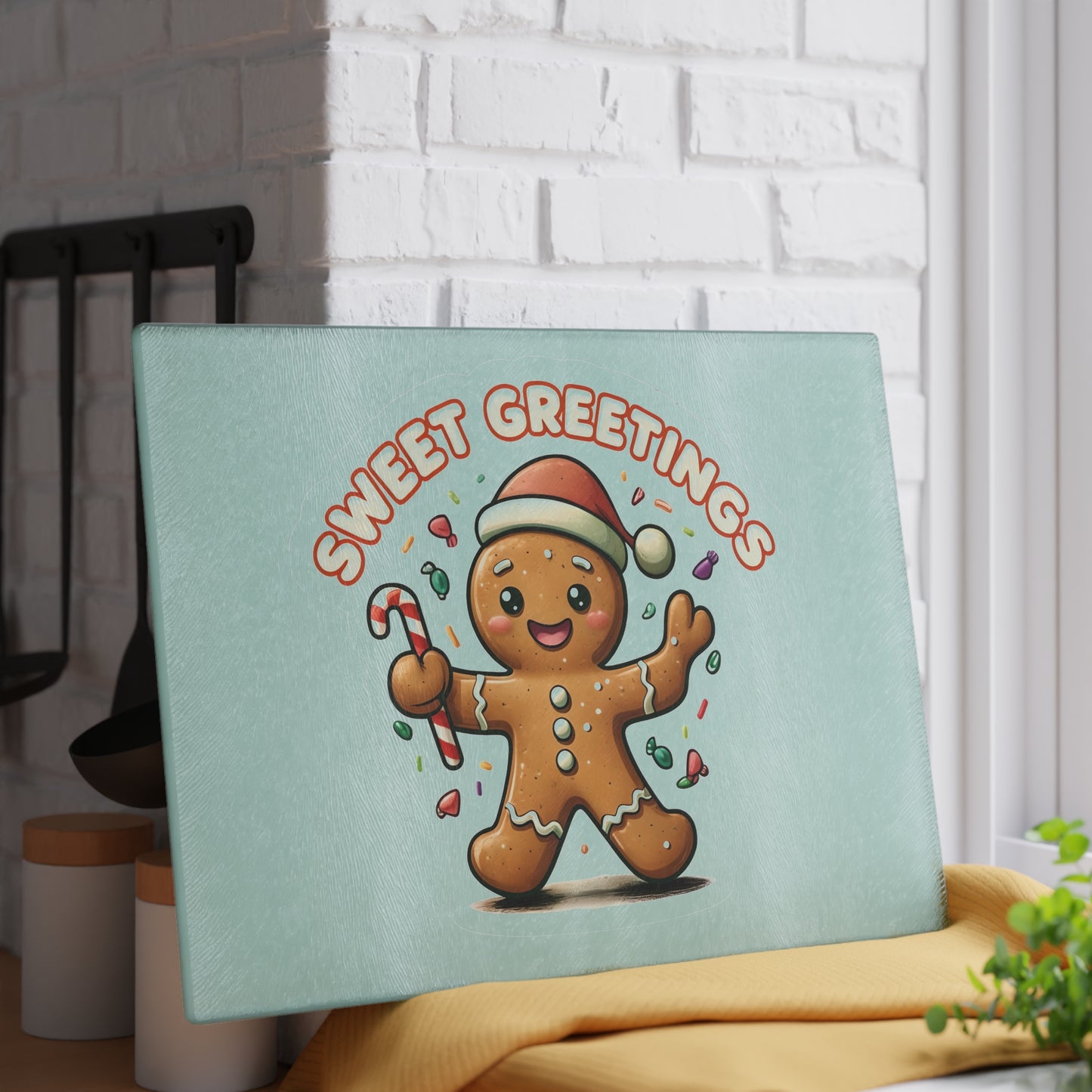 Gingerbread "Sweet Greetings" Glass Cutting Board — Festive Holiday Kitchen Decor
