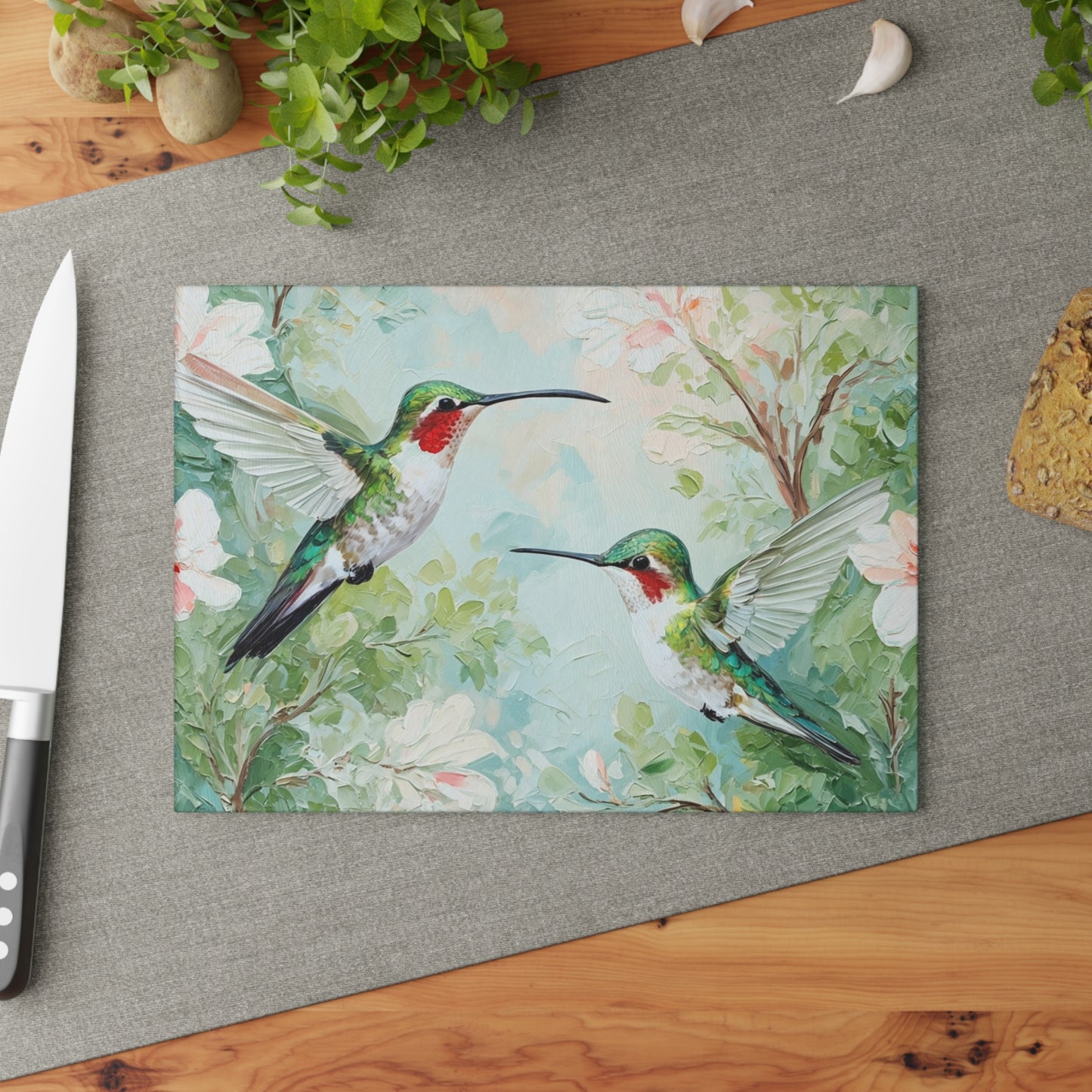 Hummingbird Glass Cutting Board – Floral Kitchen Art Serving Board