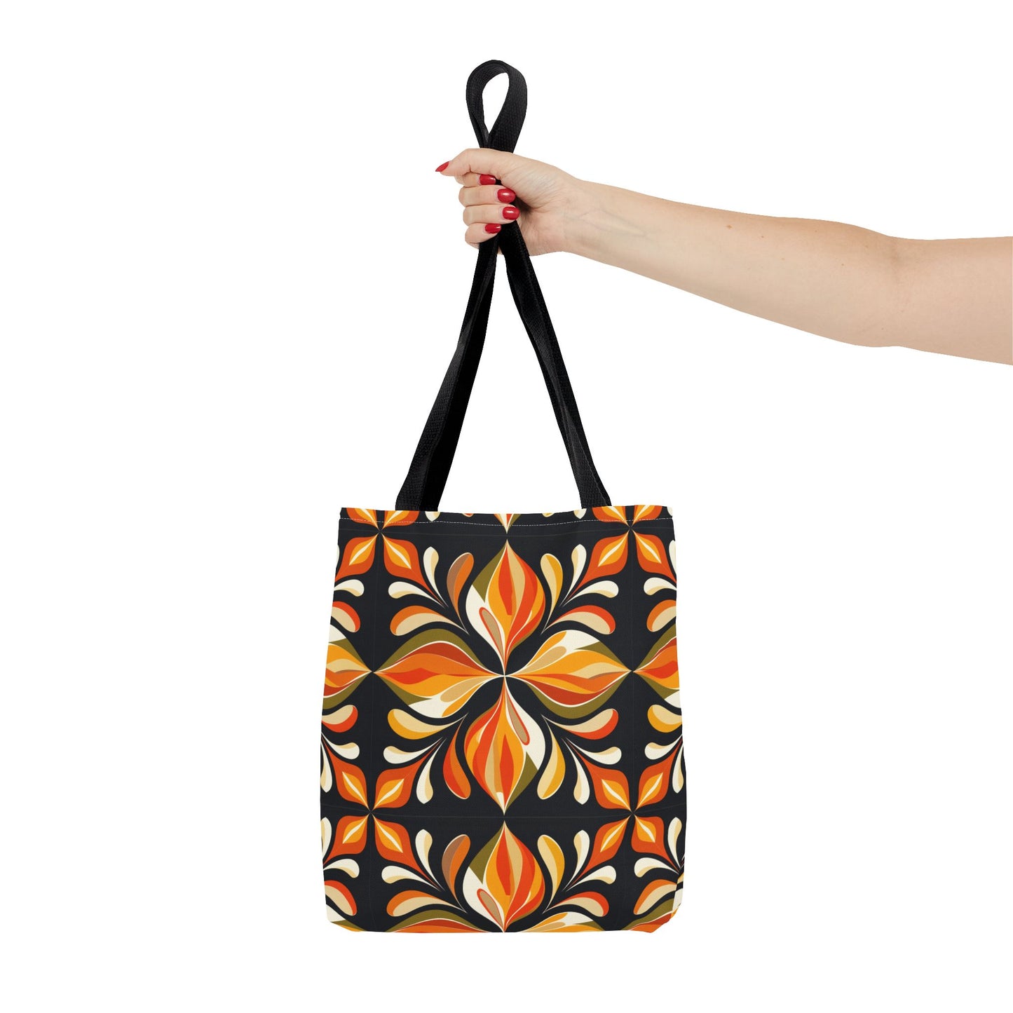 Retro Floral Tote Bag — Orange & Black Boho Pattern