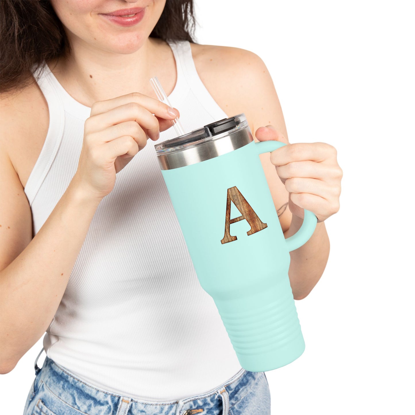 Wooden Monogram 40oz Insulated Travel Mug – Personalized Initial 'A'