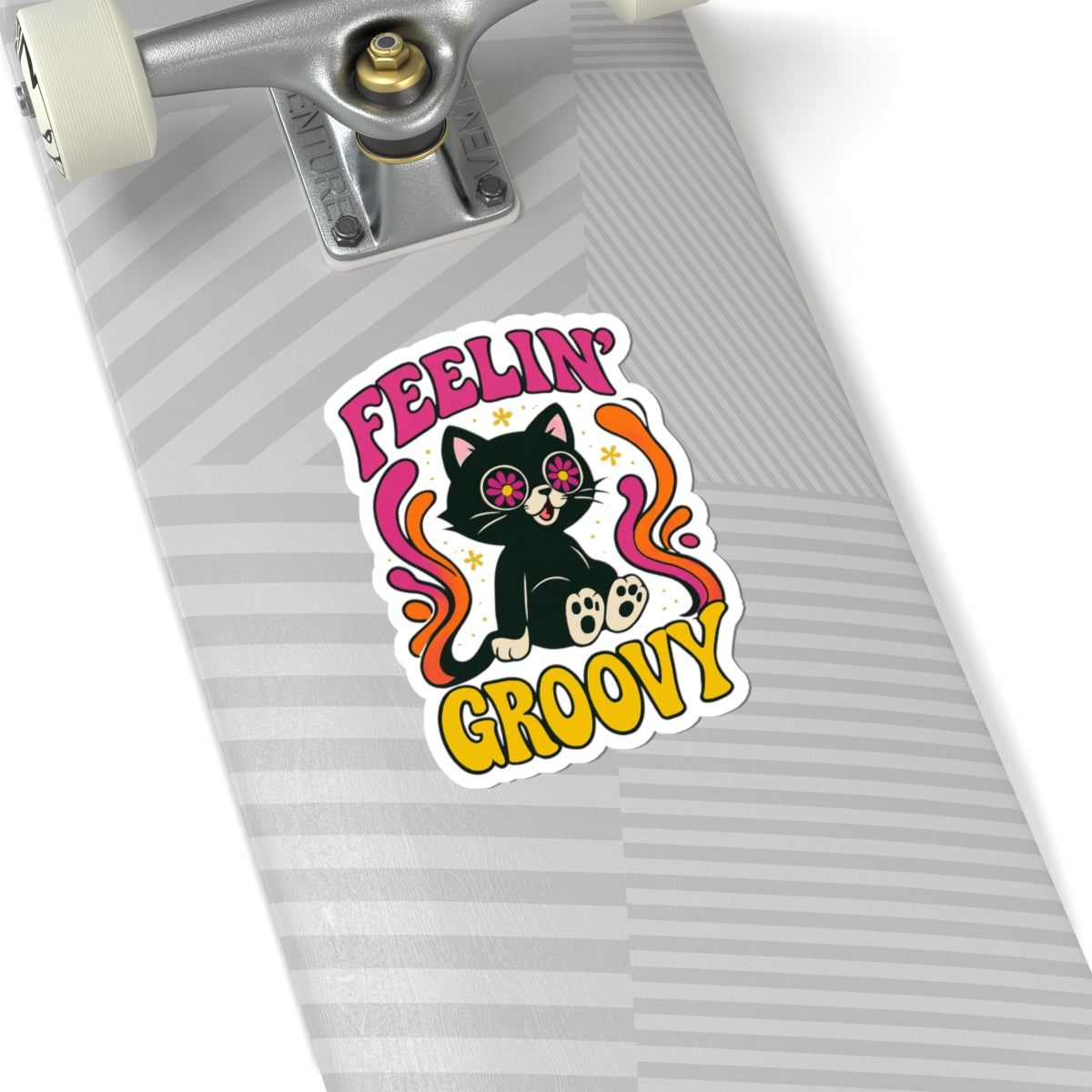Feelin' Groovy Cat Kiss-Cut Sticker — Retro Psychedelic Floral Eyes