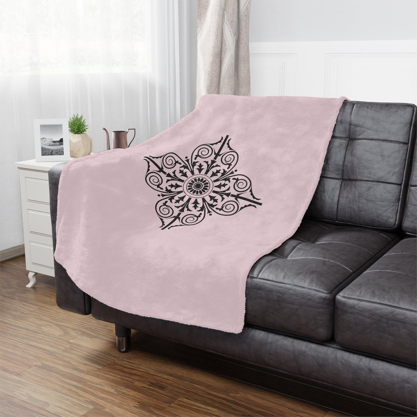 Pink Minky Blanket with Black Ornate Medallion – Decorative Cozy Throw