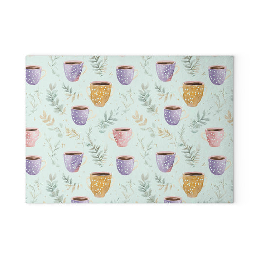 Ceramic Mugs Pattern Glass Cutting Board — Pastel Teacup Kitchen Chopping Board