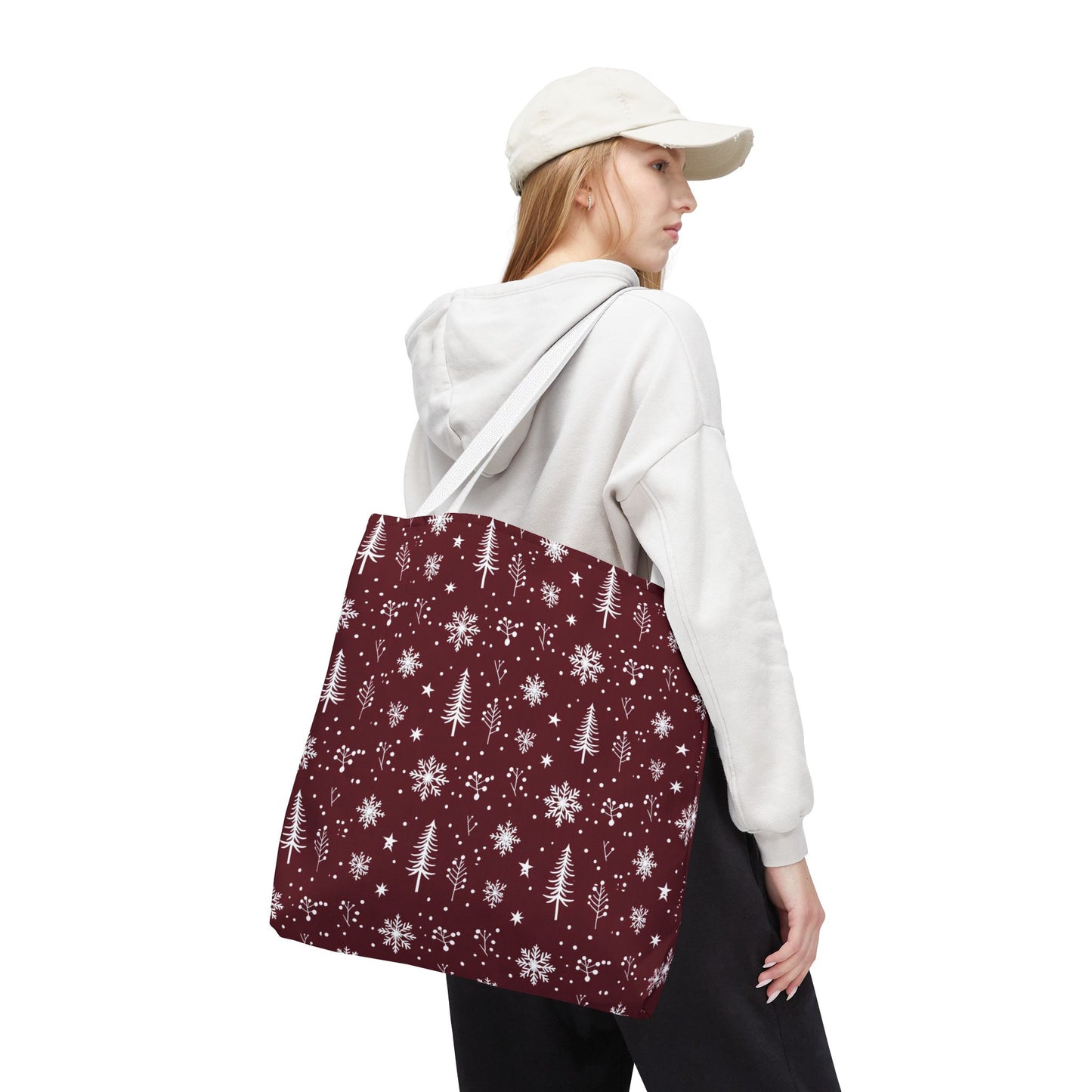 Christmas Snowflake Tote Bag – Burgundy Holiday Patterned Carryall