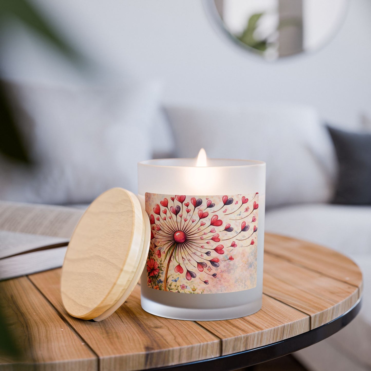 Frosted Glass Candle — Whimsical Heart Dandelion Floral Scented Candle (11oz)