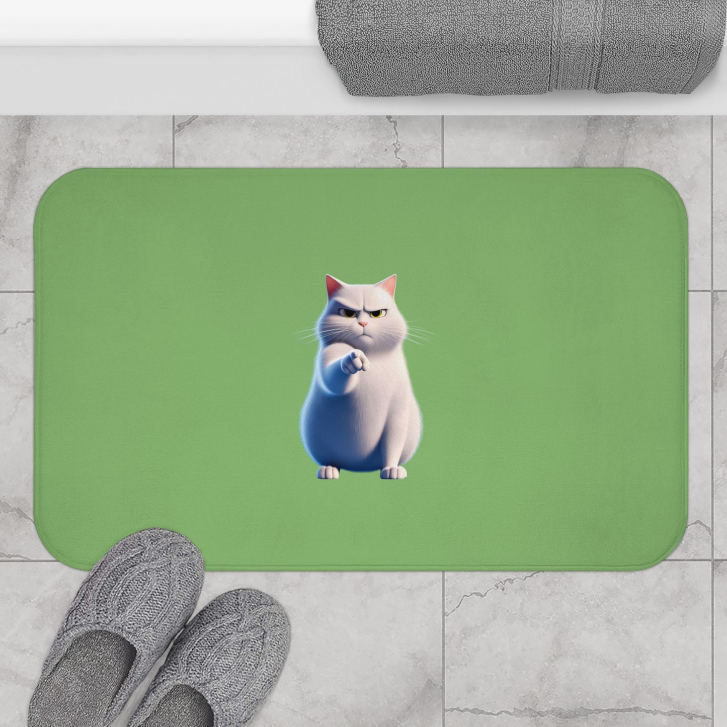 Cat-Themed Bath Mat, Cute Cat Rug, Bathroom Decor, Pet Lover Gift, Green Cat Mat, Cat Owner Bathroom Accessory