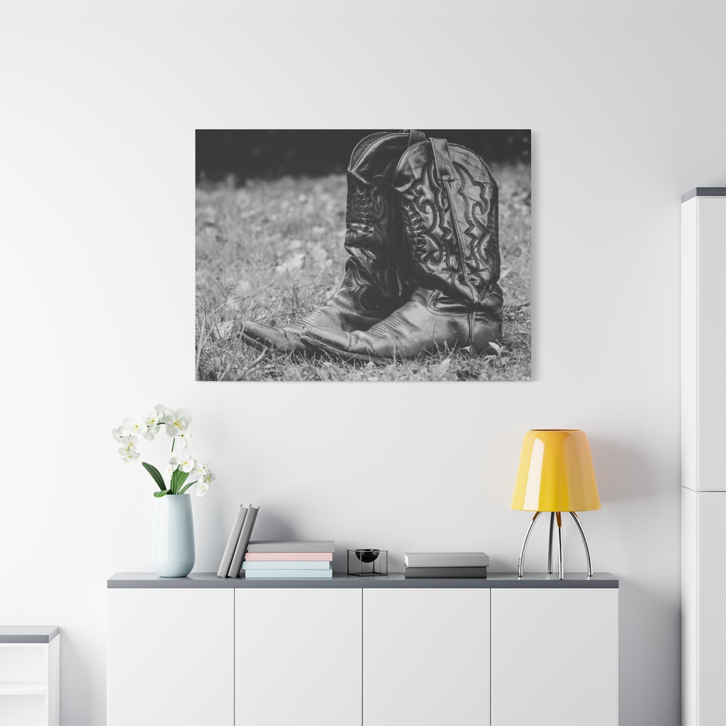 Western Cowboy Boots Matte Canvas Wall Art – Black & White Rustic Country Decor