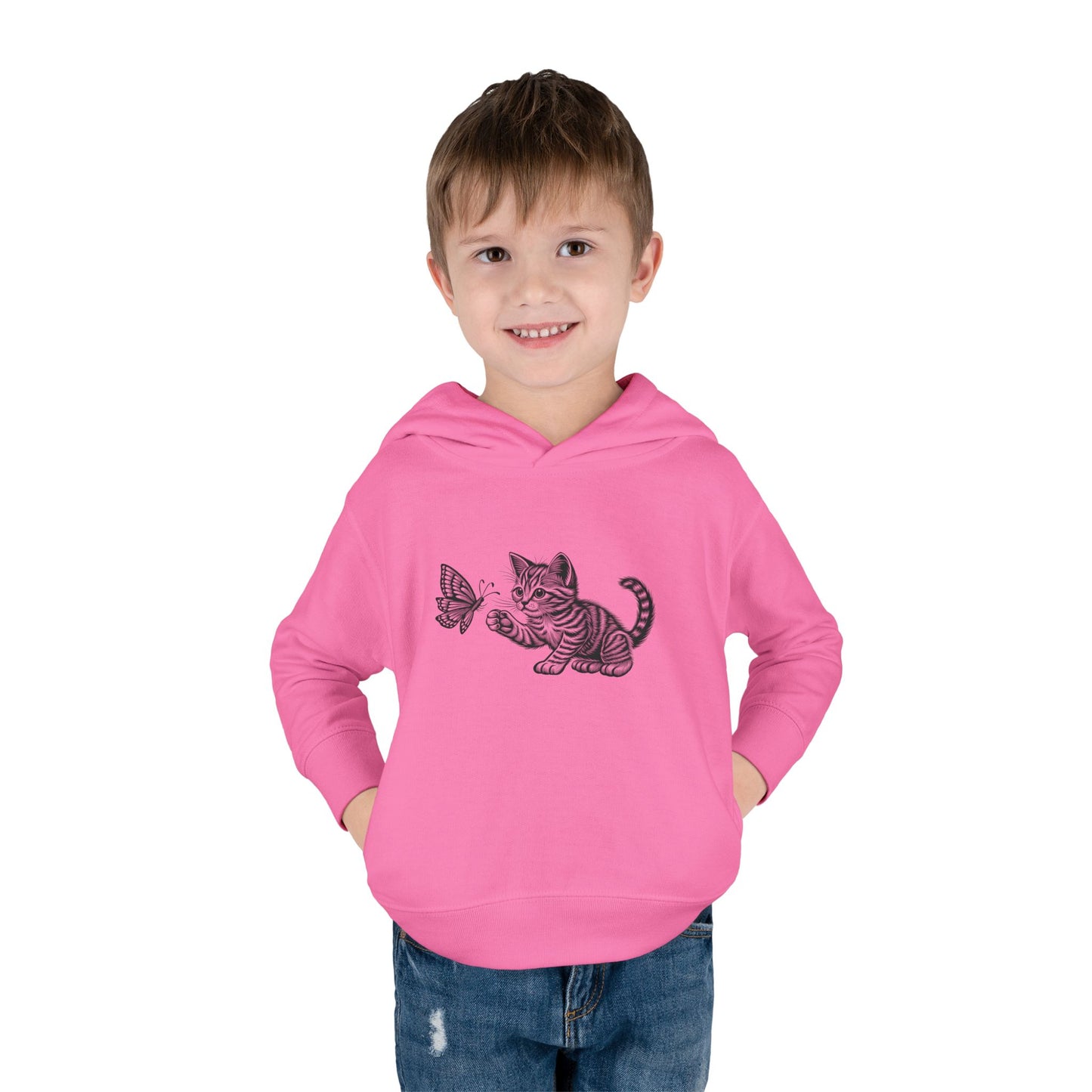Cute Cat and Butterfly Toddler Hoodie, Toddler Pullover, Kids Fleece Hoodie, Animal Lover Gift, Playtime Pullover