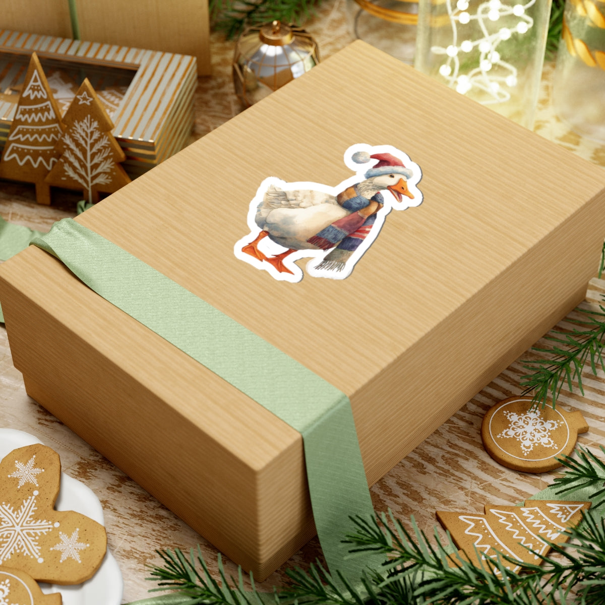 Festive Goose Kiss-Cut Sticker — Holiday Duck with Santa Hat & Cozy Scarf