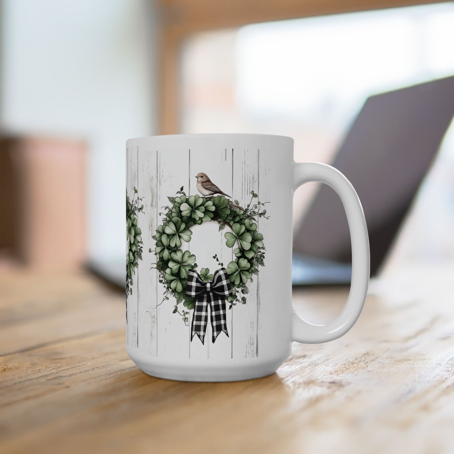 Green Wreath, Gift for Friends, Home Décor, Coffee Mug, Holiday Celebration