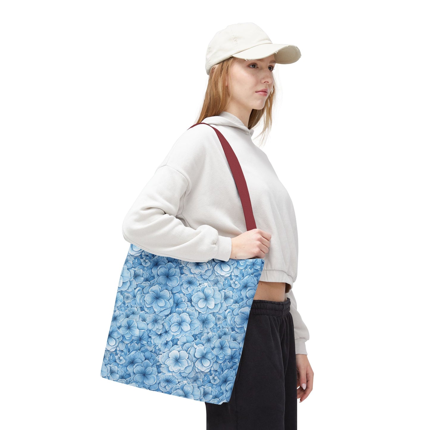 Blue Watercolor Floral Tote Bag — Reusable Flower Pattern Shopper