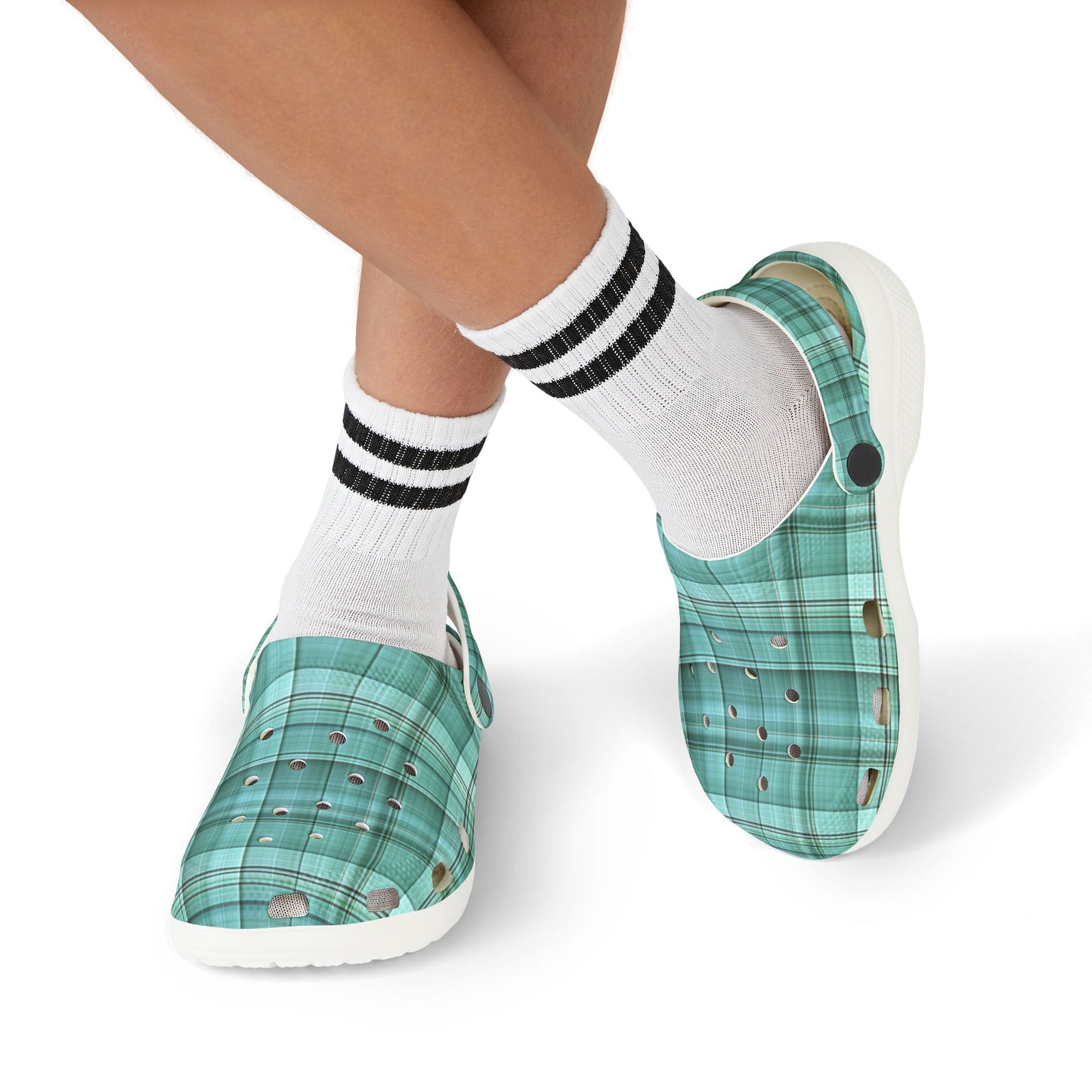 Kids Teal Plaid EVA Foam Clogs — Lightweight Slip-On Sandals for Toddlers & Children