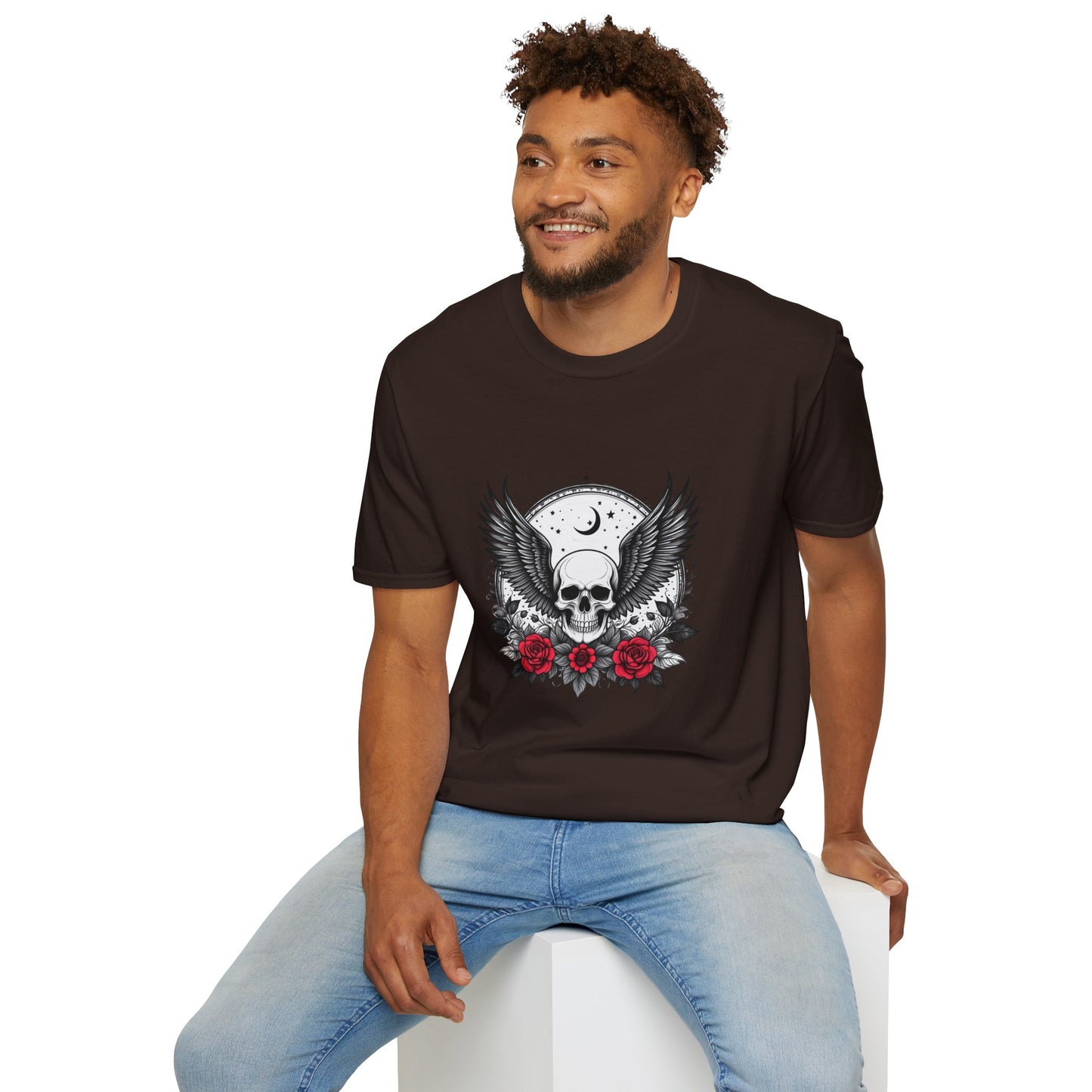 Skull Wings T‑Shirt – Crescent Moon & Red Roses Gothic Graphic Tee