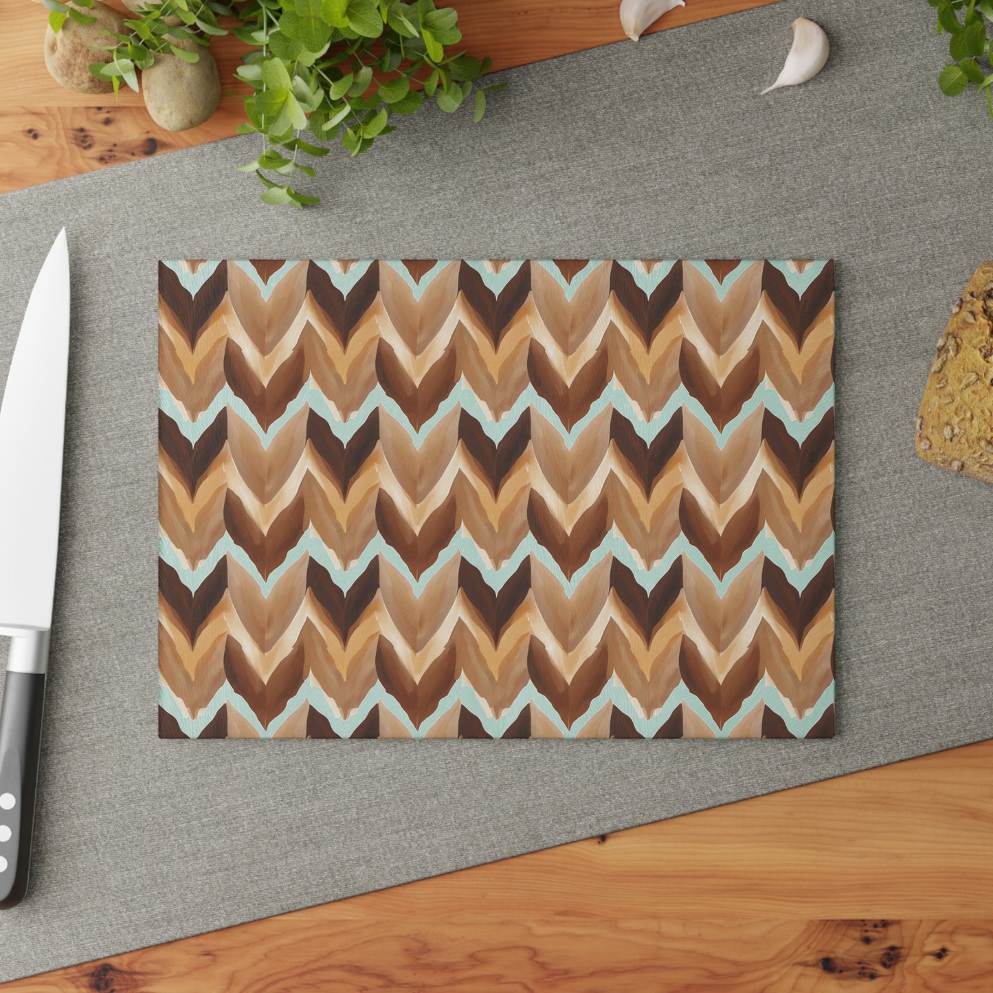 Chevron Brown Glass Cutting Board — Rustic Neutral Kitchen Prep Surface