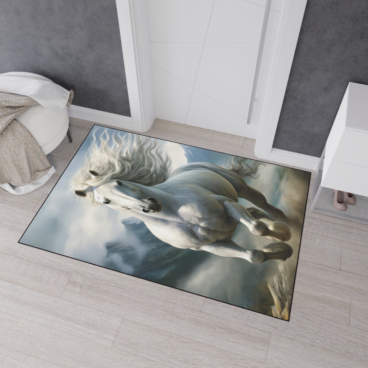 Majestic White Horse Heavy-Duty Floor Mat — Running Stallion Rug for Entryway & Stable