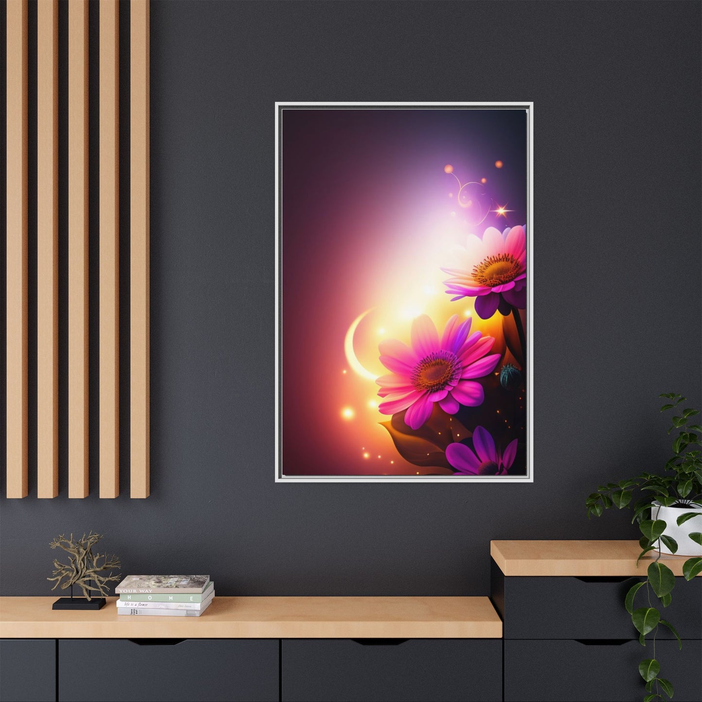 Framed Floral Canvas Art — Pink Daisies Sunset Wall Print