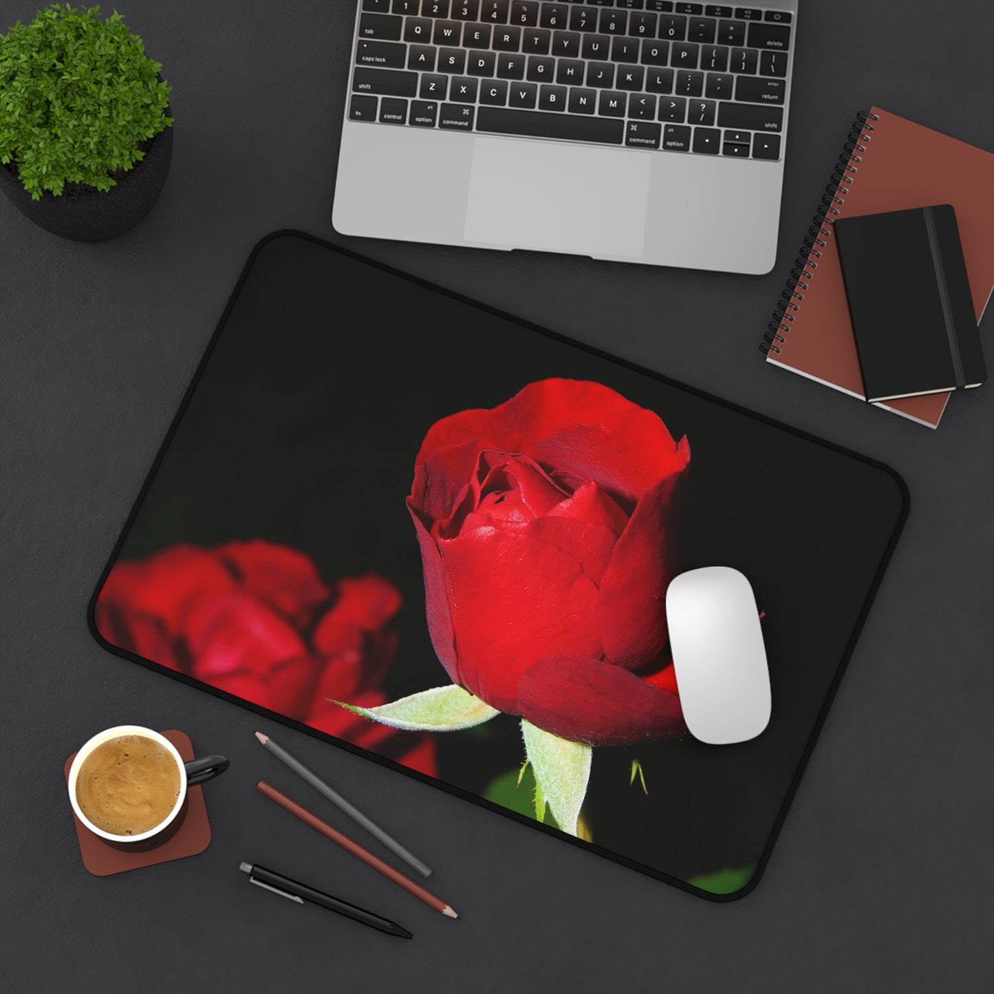 Rose Bloom Desk Mat — Red Rose Floral Mouse Pad for Office & Valentine’s Day