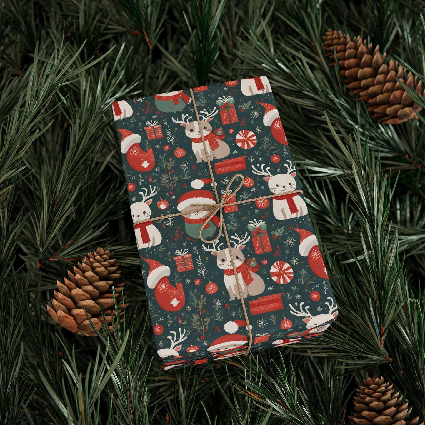Christmas Wrapping Paper Roll — Cute Santa & Reindeer Pattern, Holiday Gift Wrap