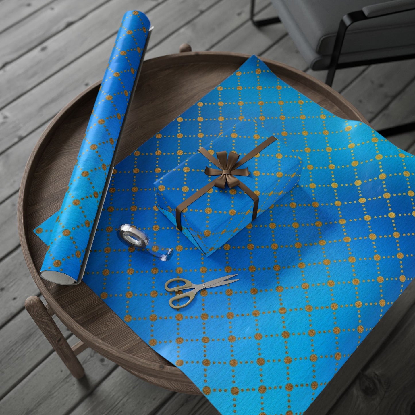 Blue Gold Dotted Swirl Wrapping Paper Roll — Decorative Gift Wrap