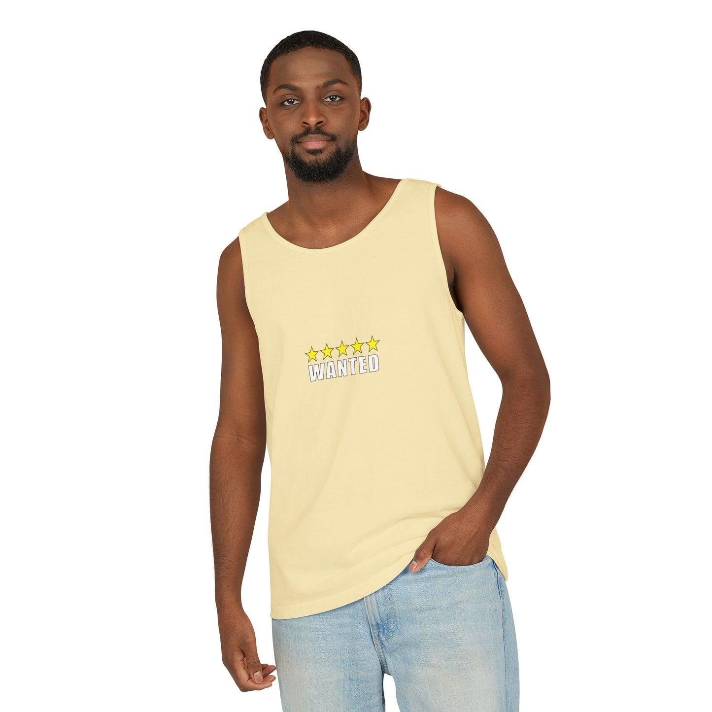 5-Star "WANTED" Garment-Dyed Tank Top, Unisex Summer Shirt, Gift for Him/Her, Trendy Casual Wear, Pool Party Outfit, Unique Graphic Tee