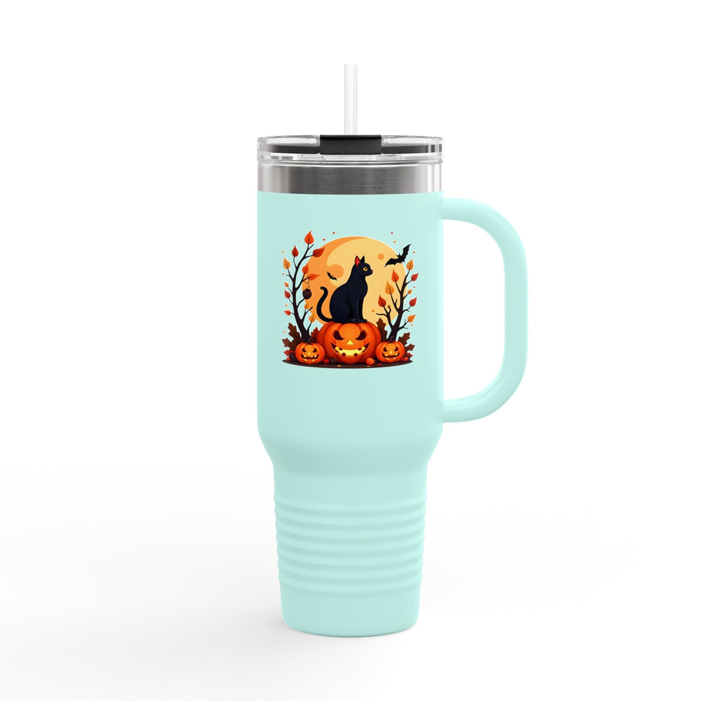 Halloween Cat Insulated Travel Mug | 40oz, Fall Coffee Tumbler, Pumpkin Travel Cup, Spooky Drinkware, Gift for Cat Lovers