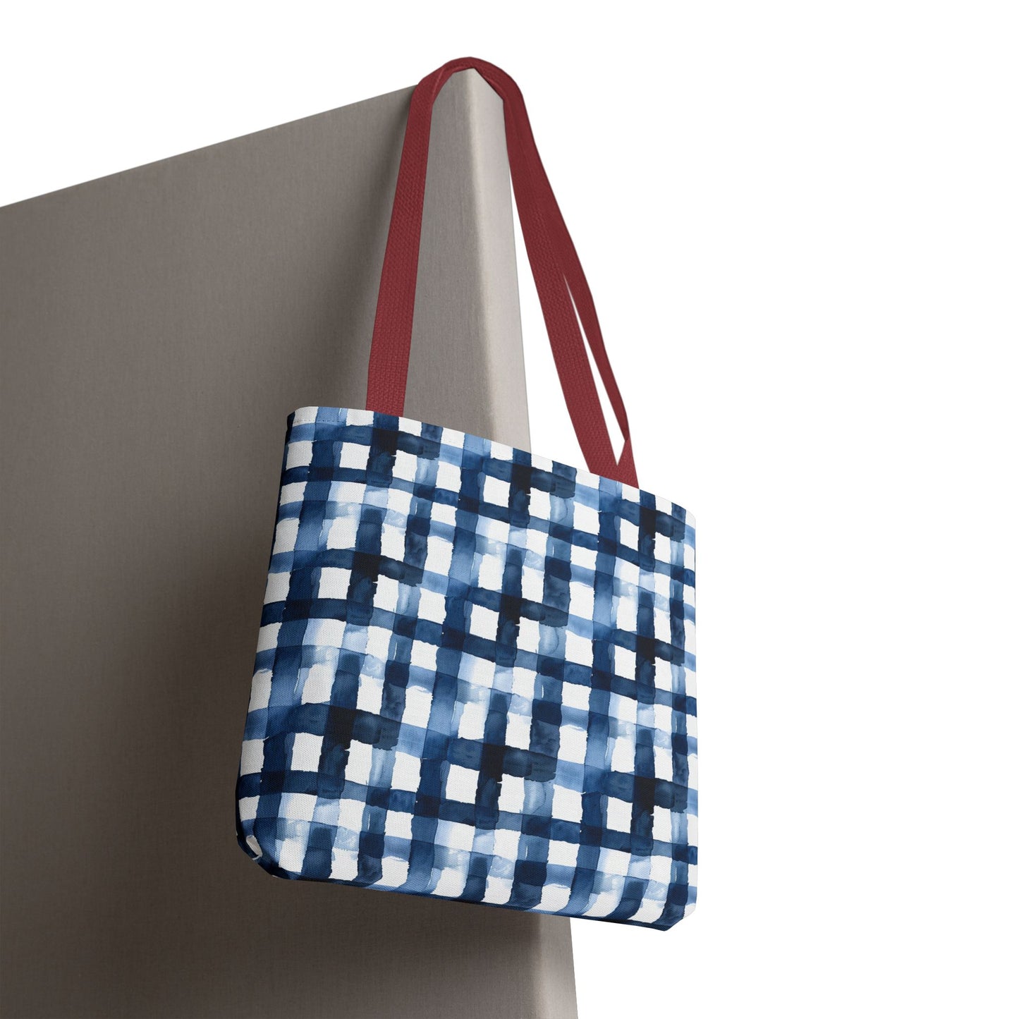 Blue Watercolor Plaid Tote Bag — Navy Check Pattern All-Over Print