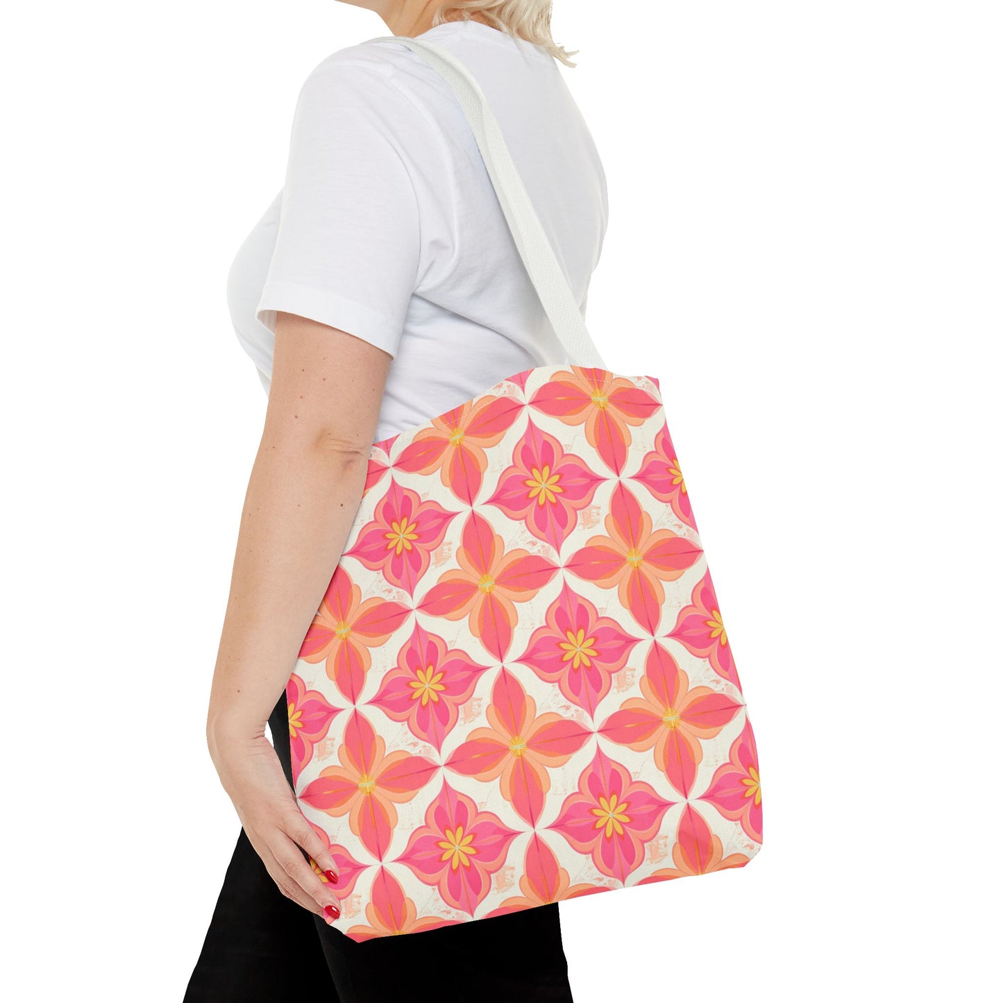 Pink Floral Geometric Tote Bag — All-Over Print Reusable Shopper