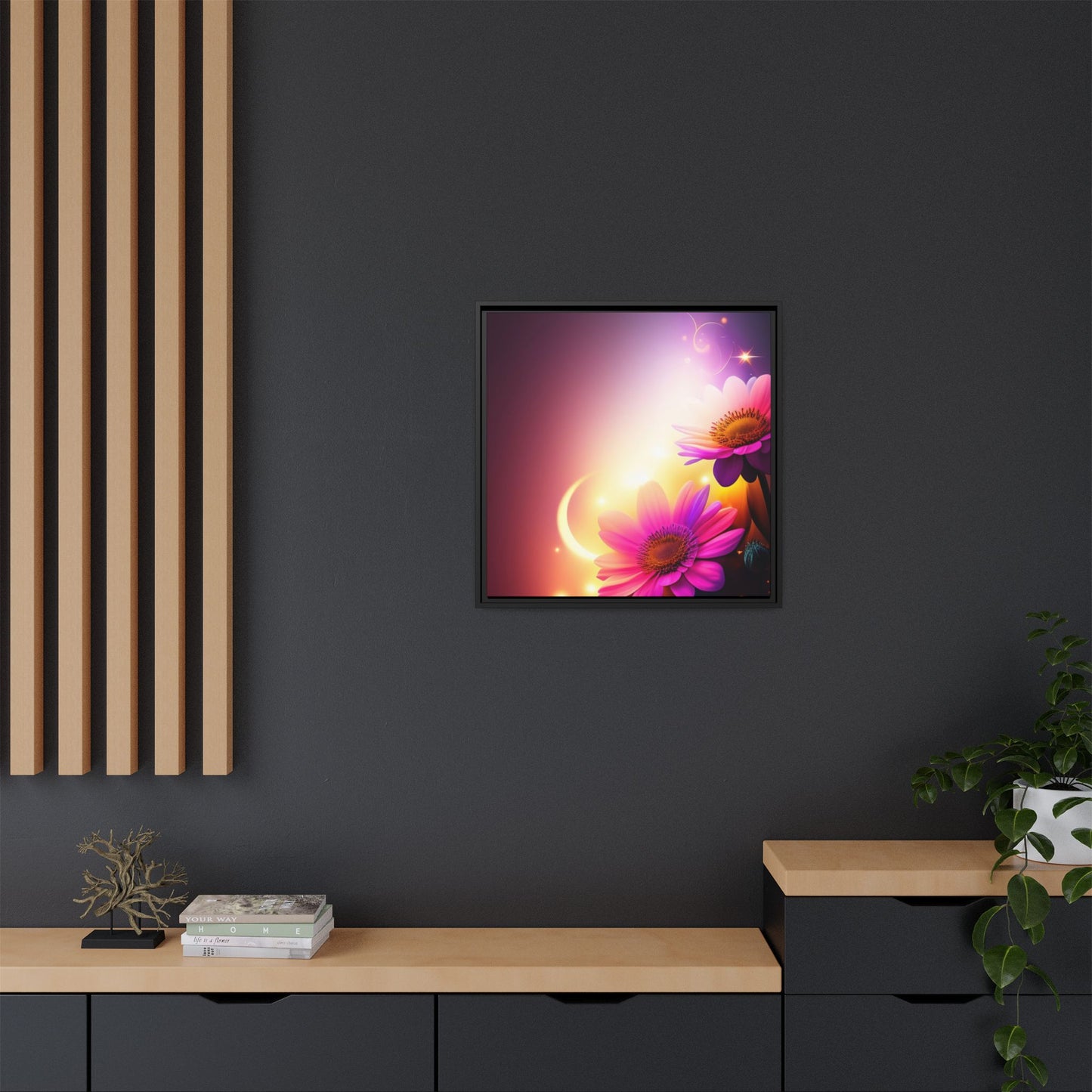 Framed Floral Canvas Art — Pink Daisies Sunset Wall Print