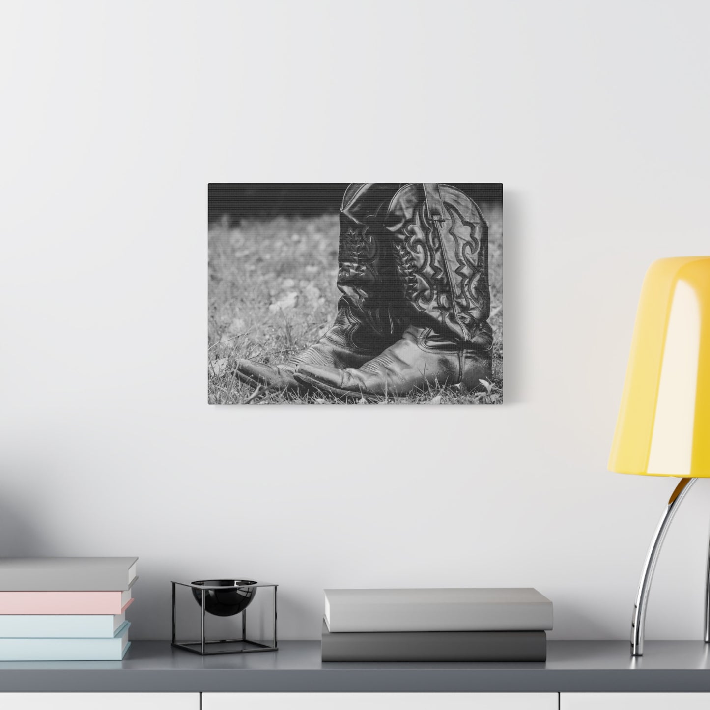 Western Cowboy Boots Matte Canvas Wall Art – Black & White Rustic Country Decor