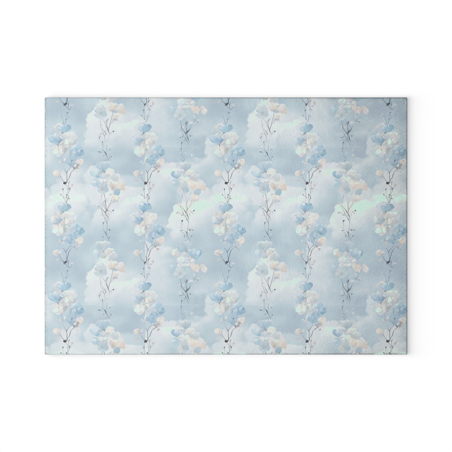 Glass Cutting Board — Soft Blue Watercolor Floral Pattern