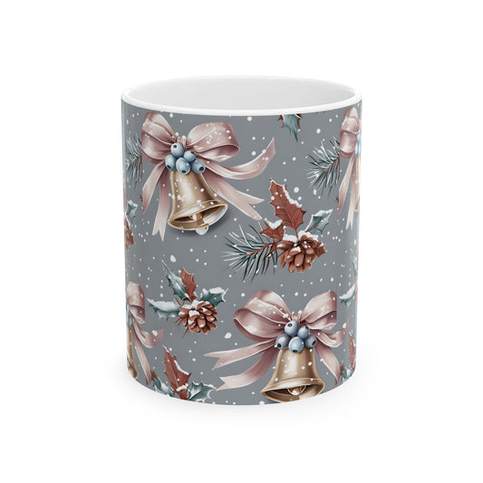 Festive Holiday Ceramic Mug, Christmas Gift, Winter Decor, Bell Design, Cozy Coffee Cup, Seasonal Beverage Container