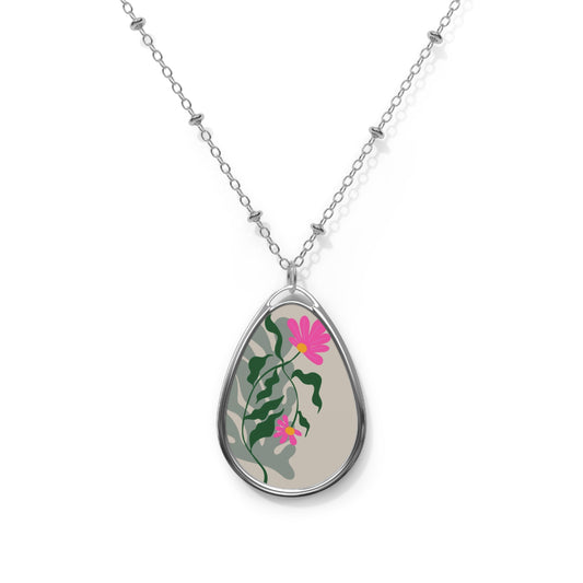 Floral Oval Necklace, Nature-Inspired Jewelry, Gift for Her, Boho Chic Pendant, Everyday Wear, Anniversary, Birthday
