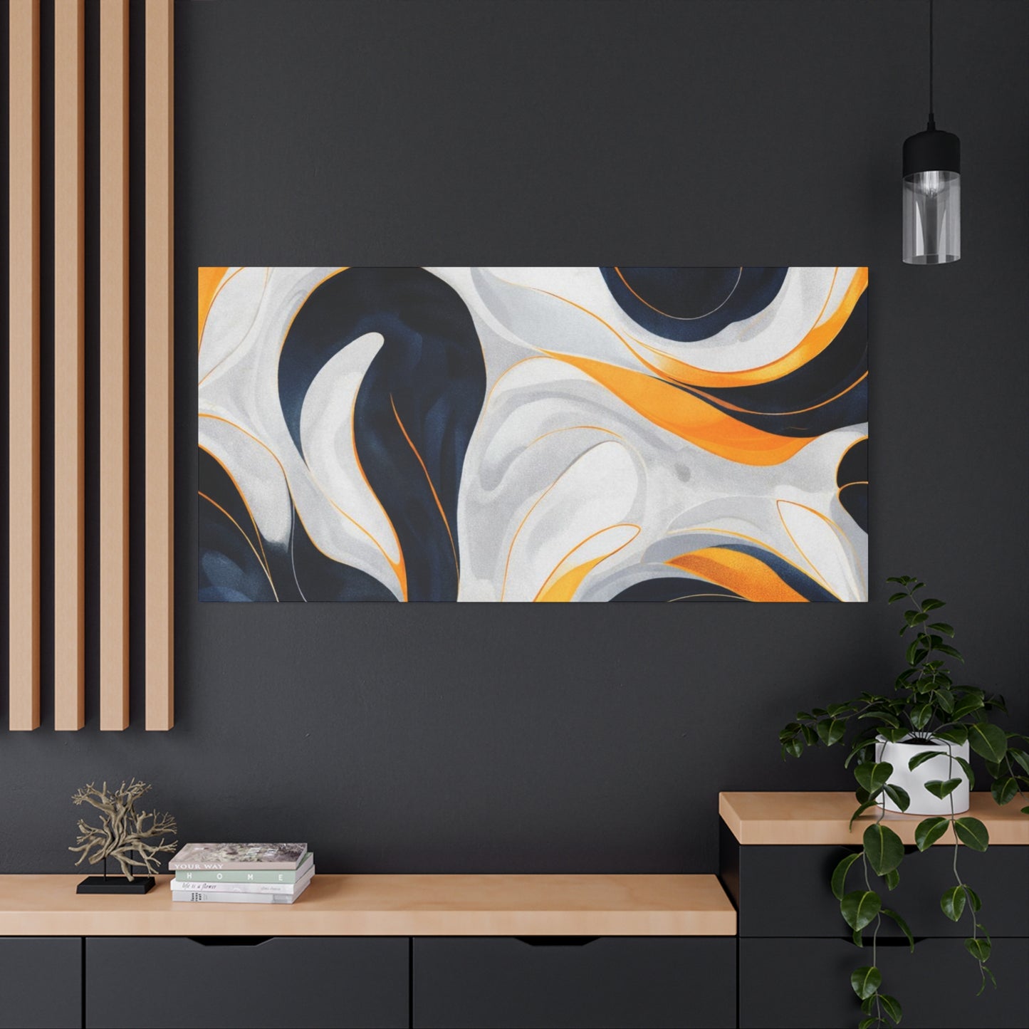 Abstract Fluid Art Matte Canvas Print — Navy, Gold & White Stretched Wall Art