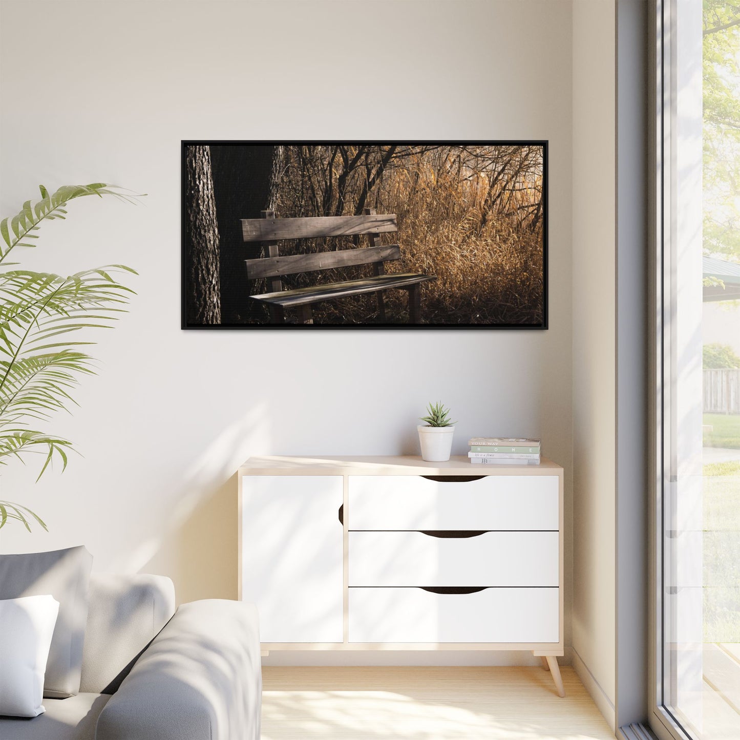 Framed Matte Canvas Print — Autumn Park Bench Photography