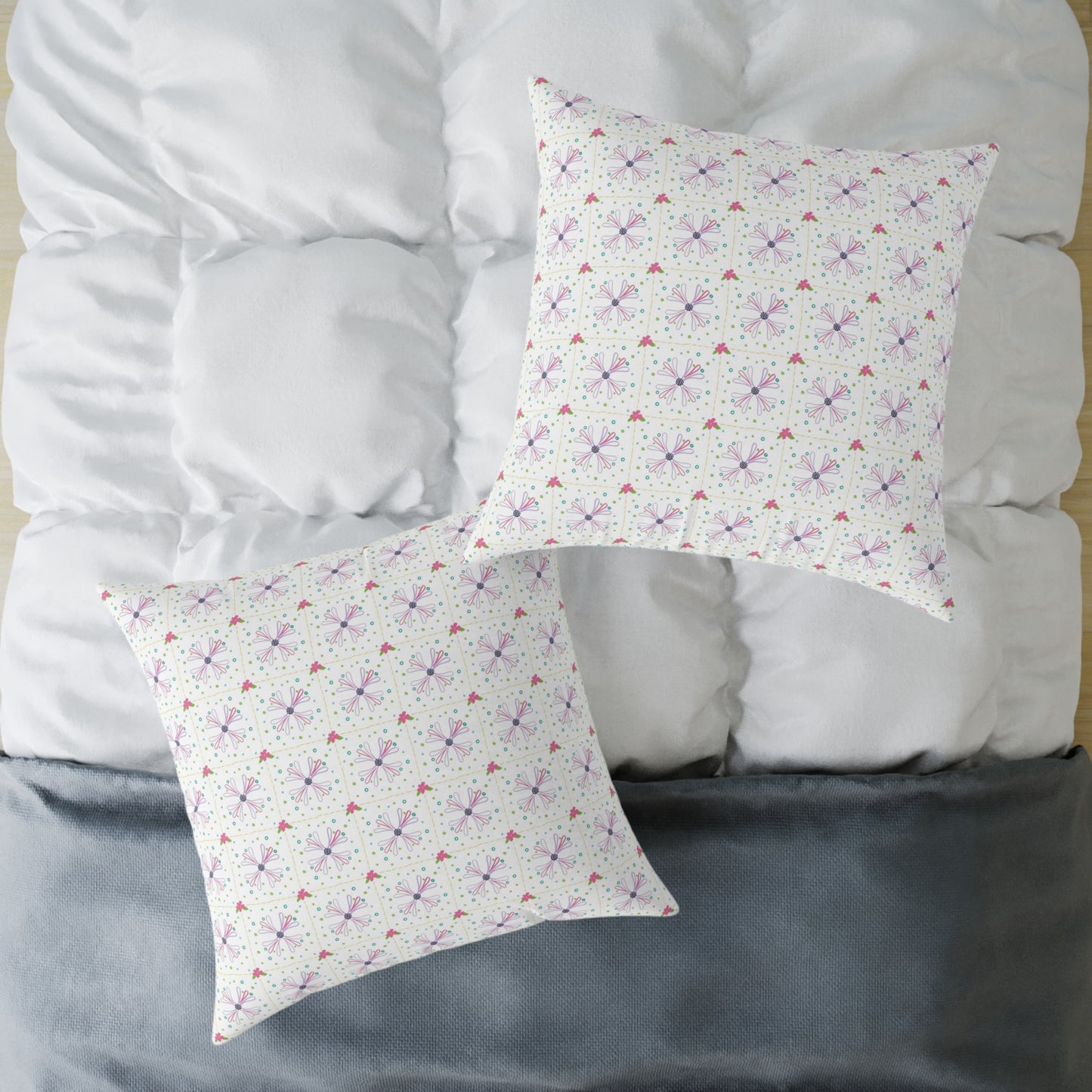 Floral Geometric Square Pillow – Pink & Lavender Patterned Throw Cushion