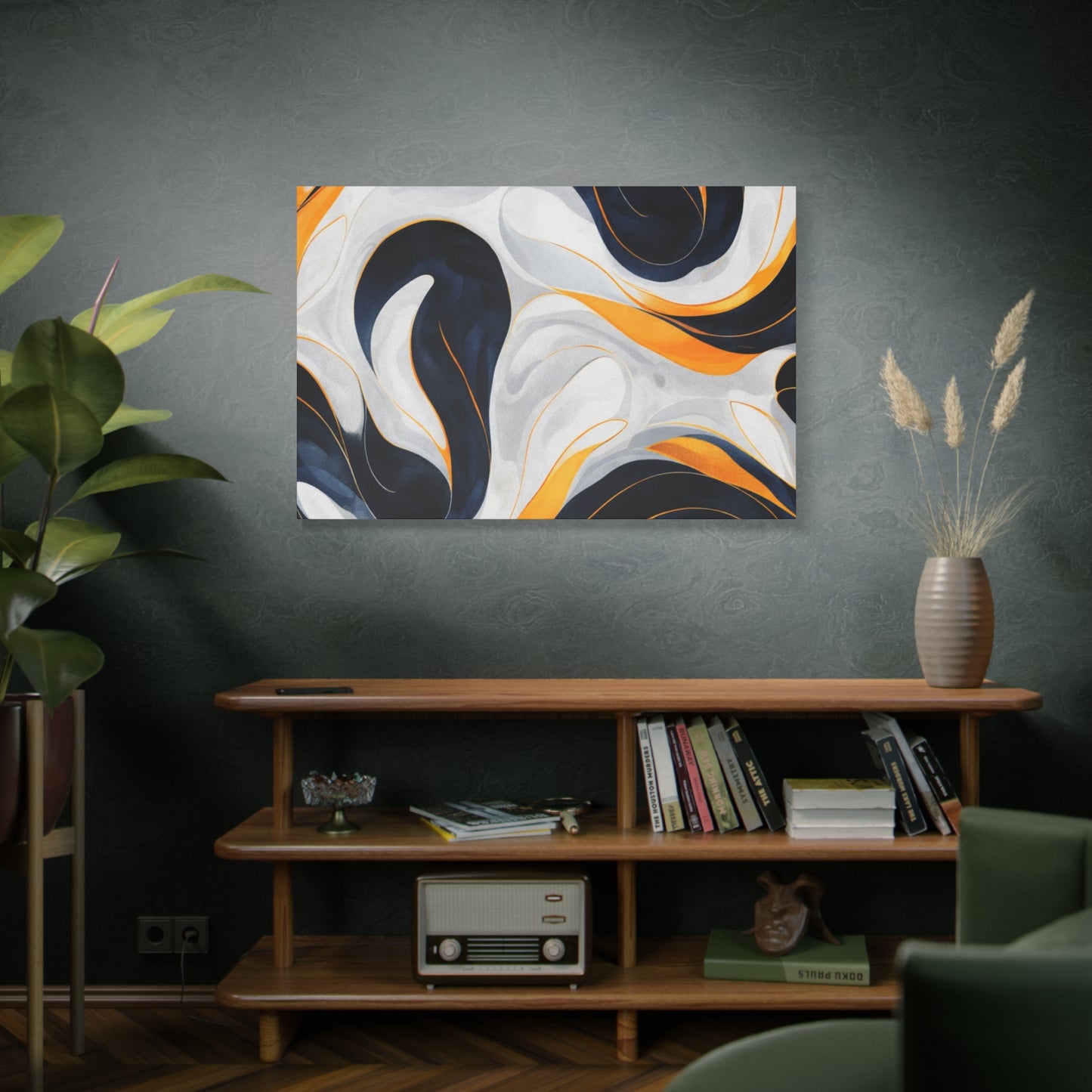 Abstract Fluid Art Matte Canvas Print — Navy, Gold & White Stretched Wall Art