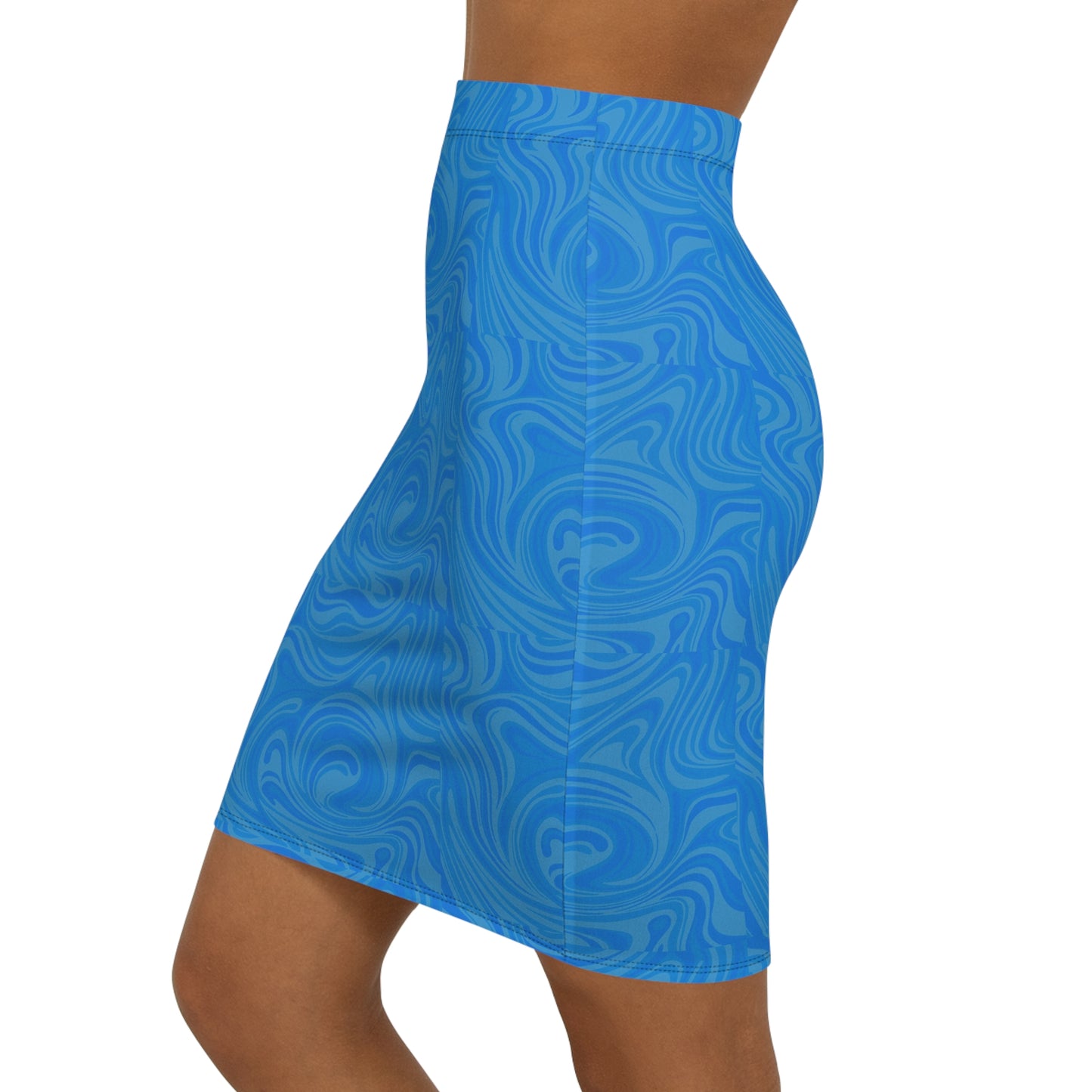 Blue Swirl Pencil Skirt — Women's Mid-Waist Retro Wave Print