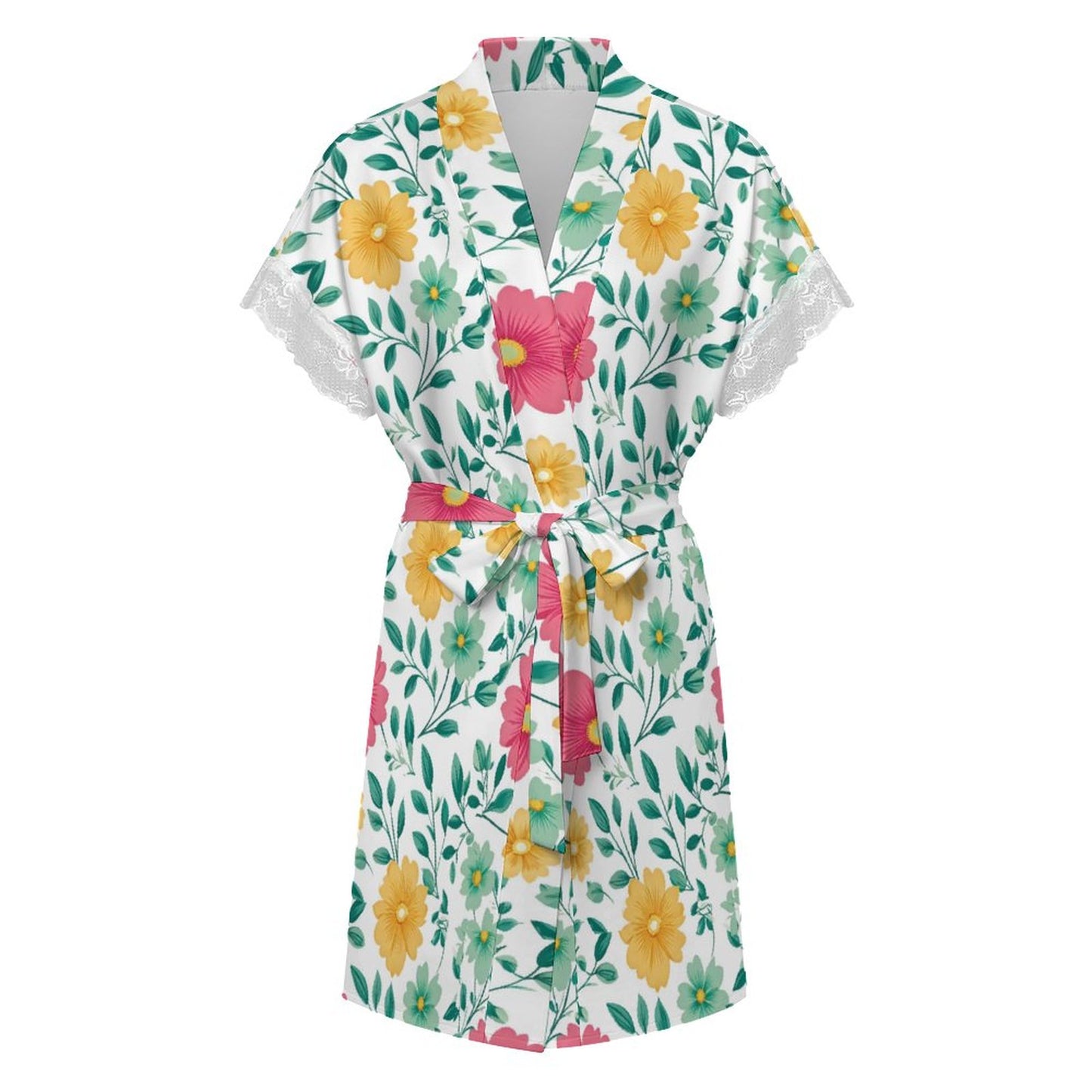 Lace Trimmed Short-Sleeve Robe