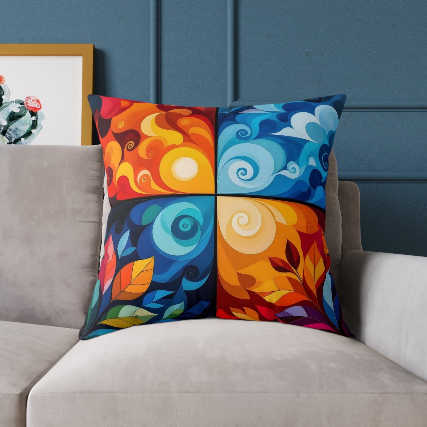 Abstract Seasons Square Pillow — Colorful Four-Panel Decorative Throw Pillow