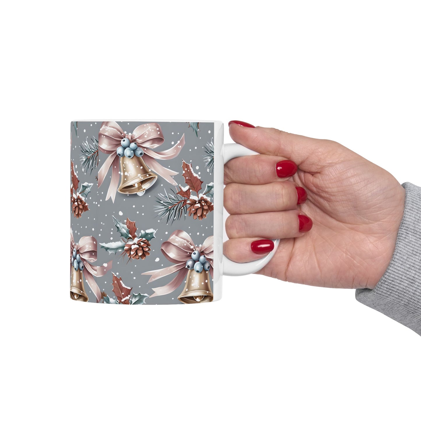 Festive Holiday Ceramic Mug, Christmas Gift, Winter Decor, Bell Design, Cozy Coffee Cup, Seasonal Beverage Container