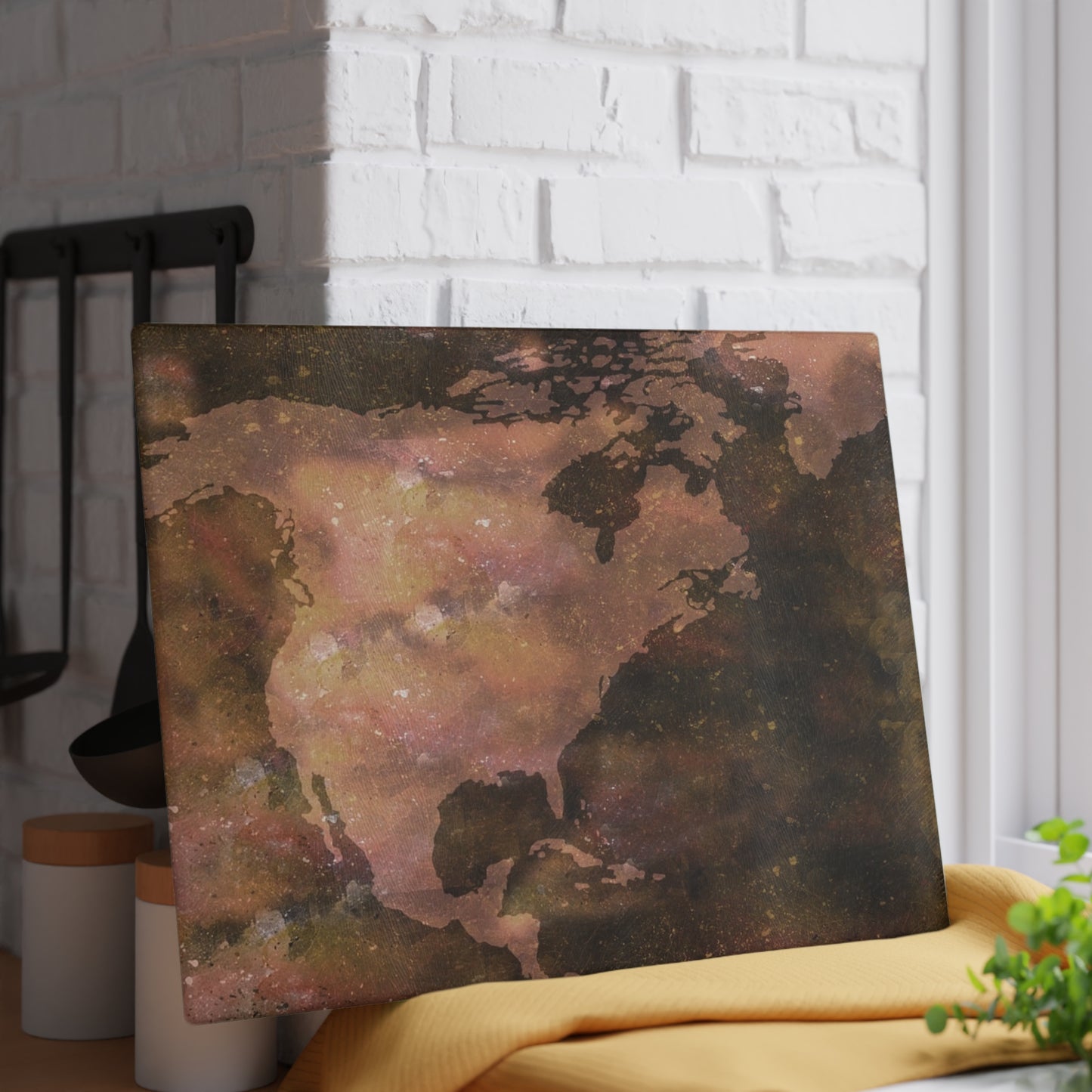 World Map Glass Cutting Board – Vintage Earthtone Kitchen Cutting Board