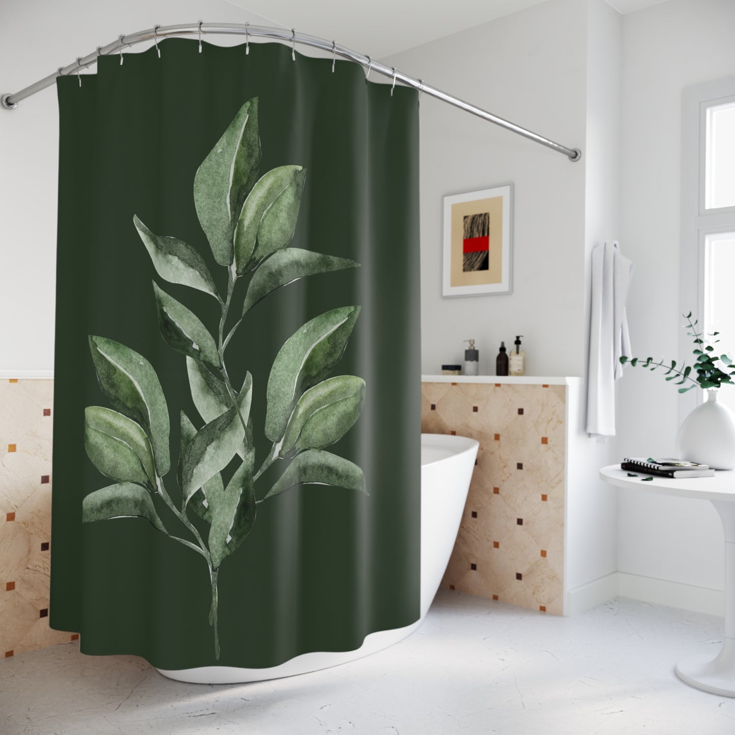 Botanical Greenery Shower Curtain — Watercolor Eucalyptus Leaf Bathroom Decor