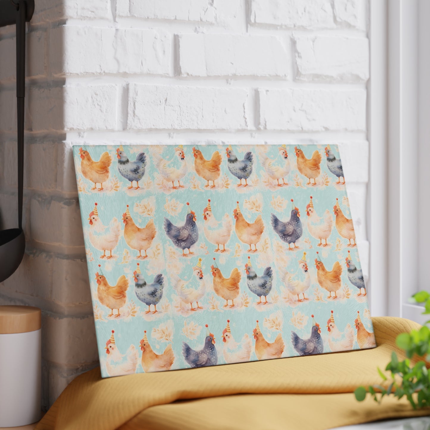 Chicken Pattern Glass Cutting Board — Watercolor Farmhouse Kitchen Decor