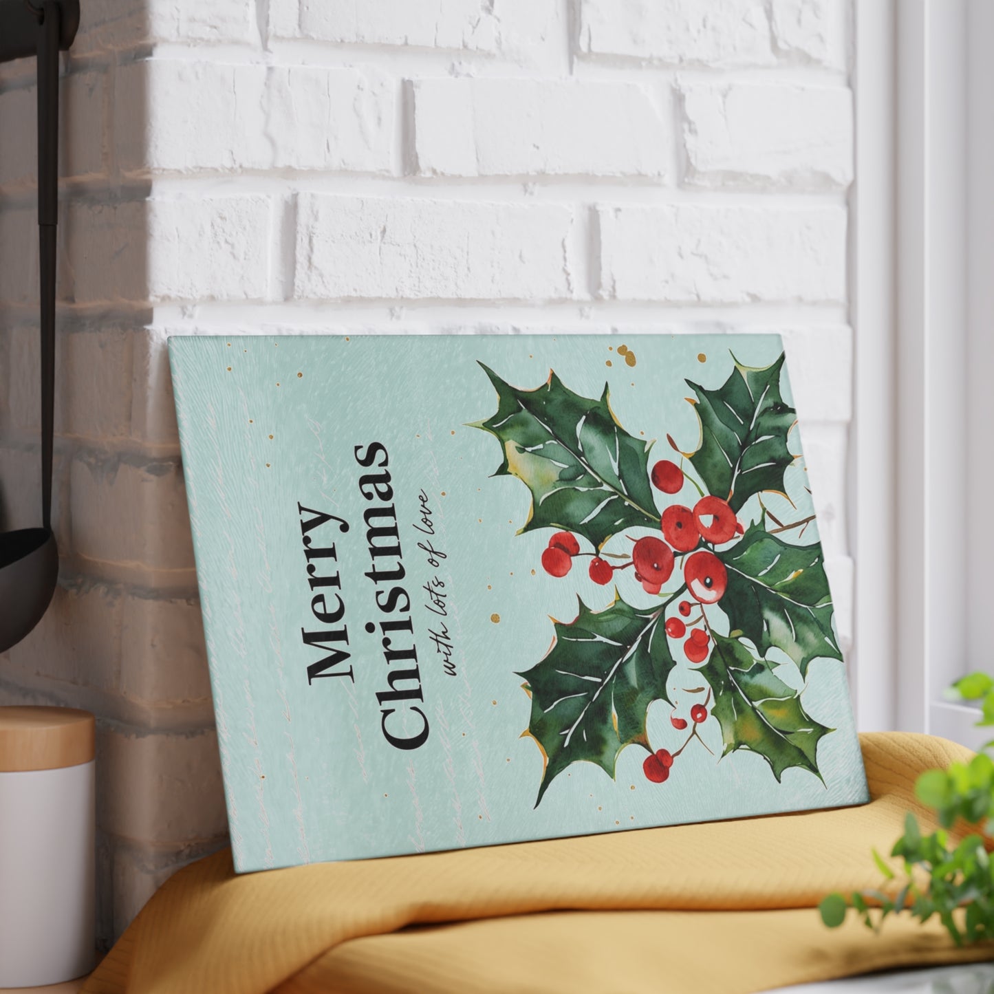 Christmas Holly Glass Cutting Board - "Merry Christmas" Holiday Kitchen Decor