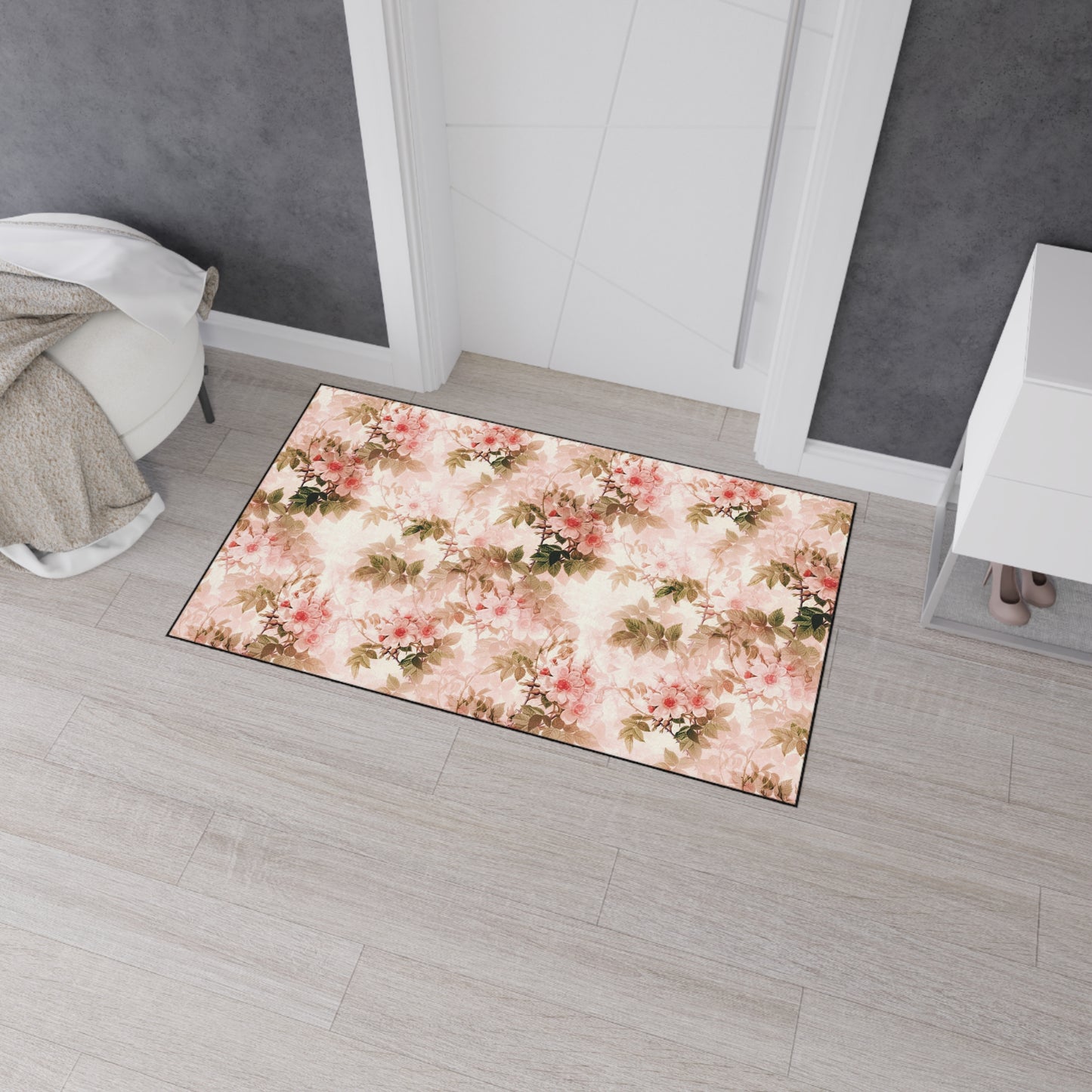 Floral Vintage Heavy-Duty Floor Mat — Pink Rose Garden Rug