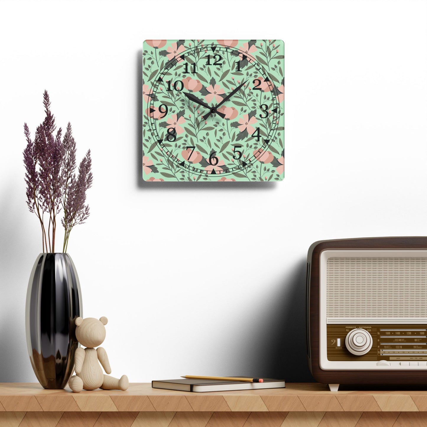 Floral Acrylic Wall Clock – Mid-Century Modern Decor, Home Accent