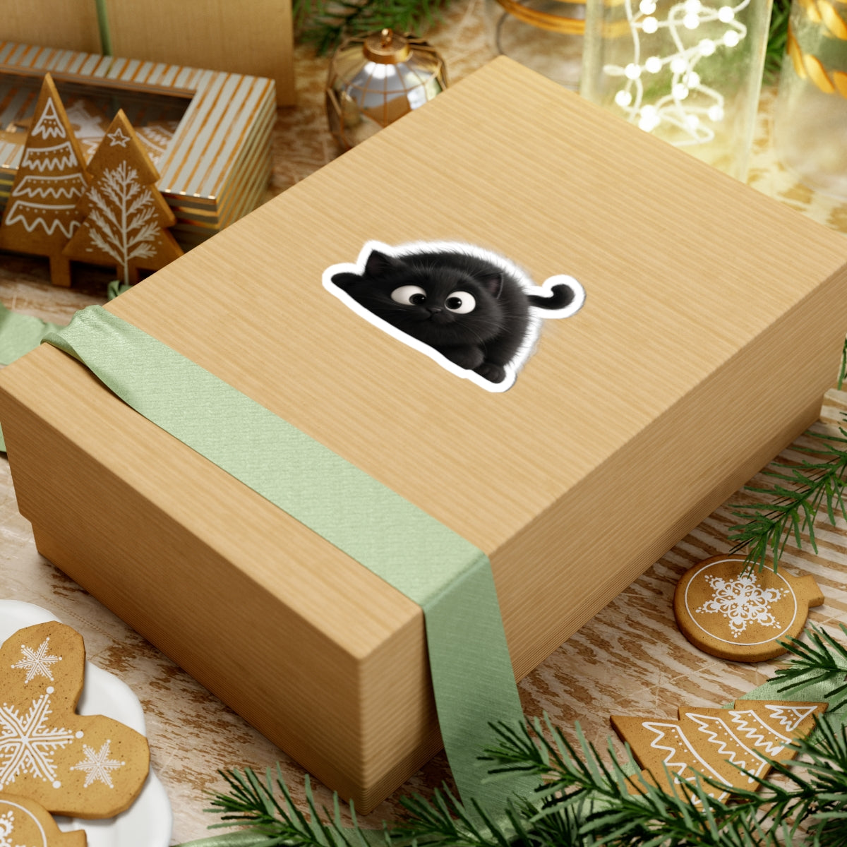 Cute Fluffy Black Kitten Kiss-Cut Sticker — Playful Cat Laptop Decal