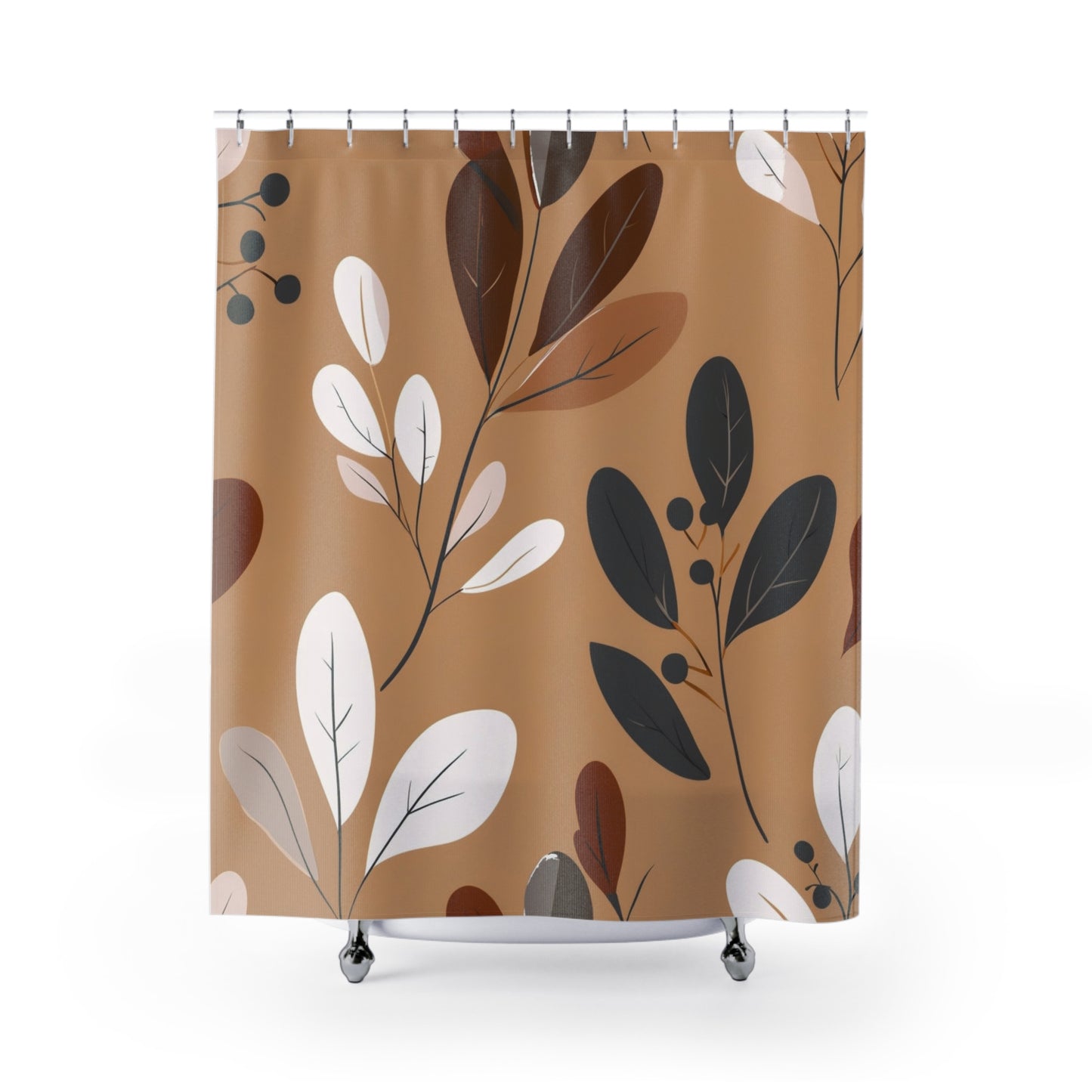 Botanical Brown Leaf Shower Curtain — Neutral Autumn Floral Bath Decor