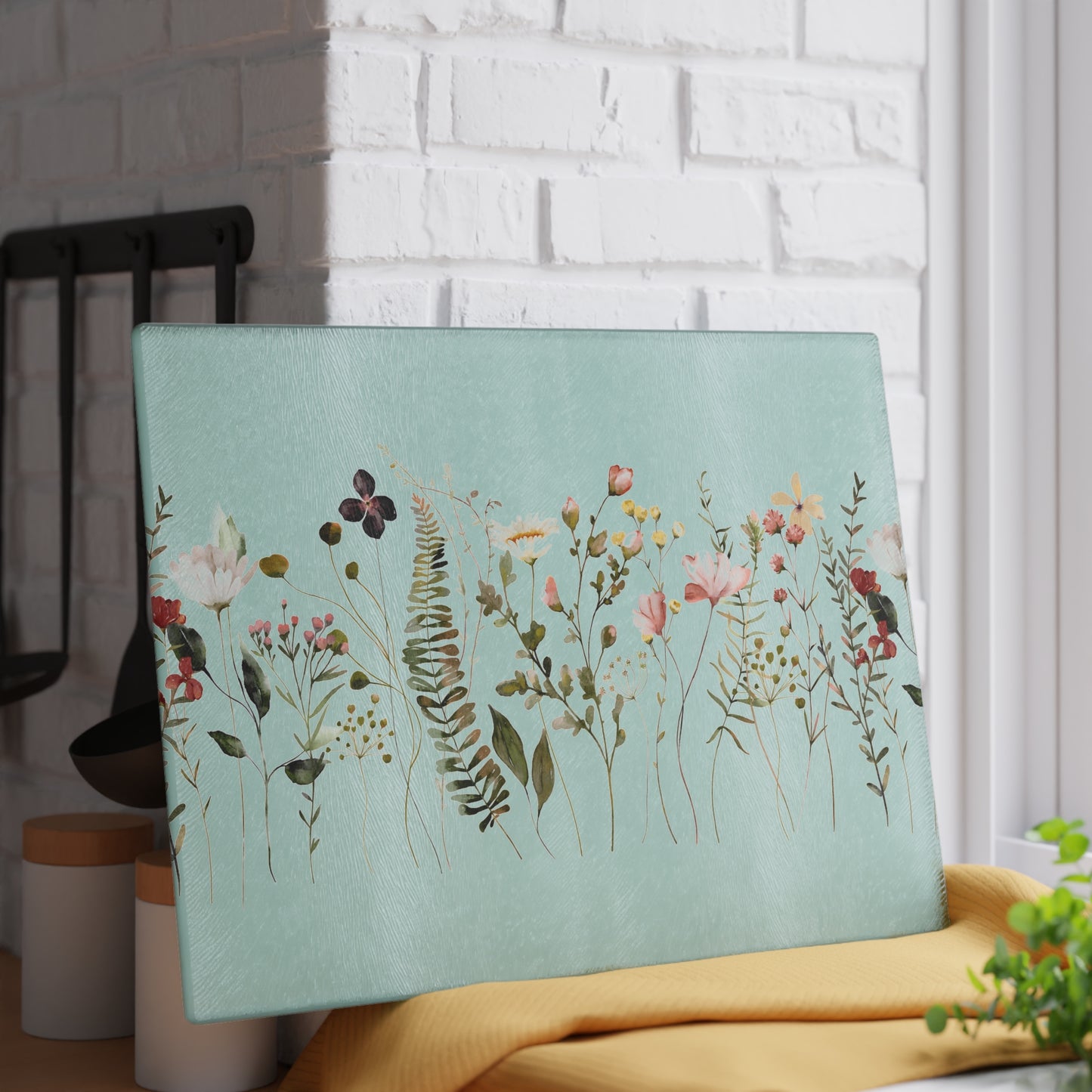 Floral Meadow Glass Cutting Board — Mint Wildflower Kitchen Prep Board